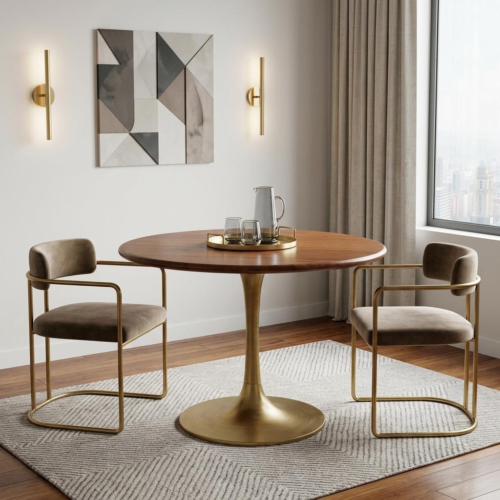 30" Brown And Gold Rounded Solid Wood And Iron Pedestal Base Dining Table Homeroots Kitchen & Dining