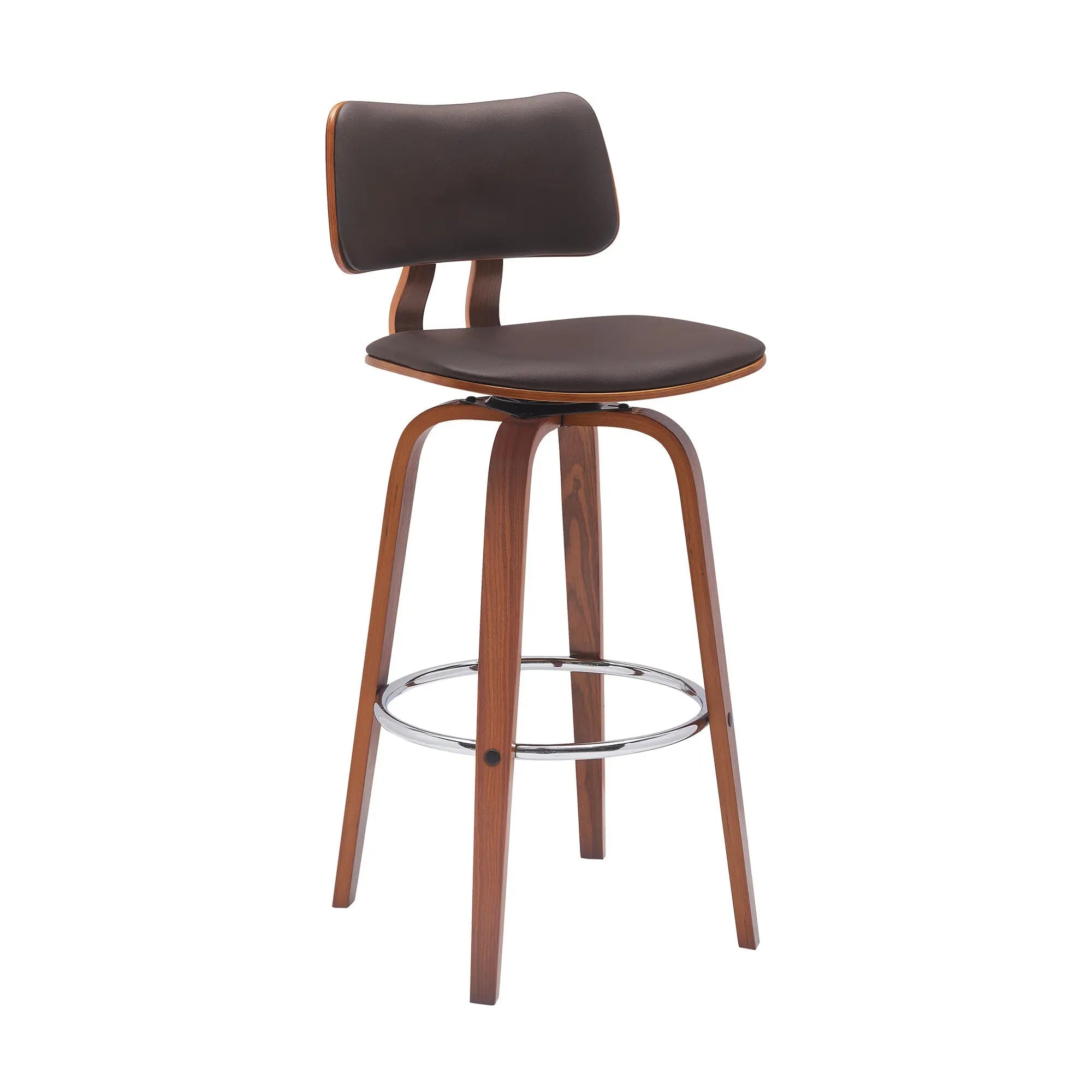 30" Brown And Wood Brown Faux Leather Swivel Low Back Bar Height Bar Chair Homeroots Living Room