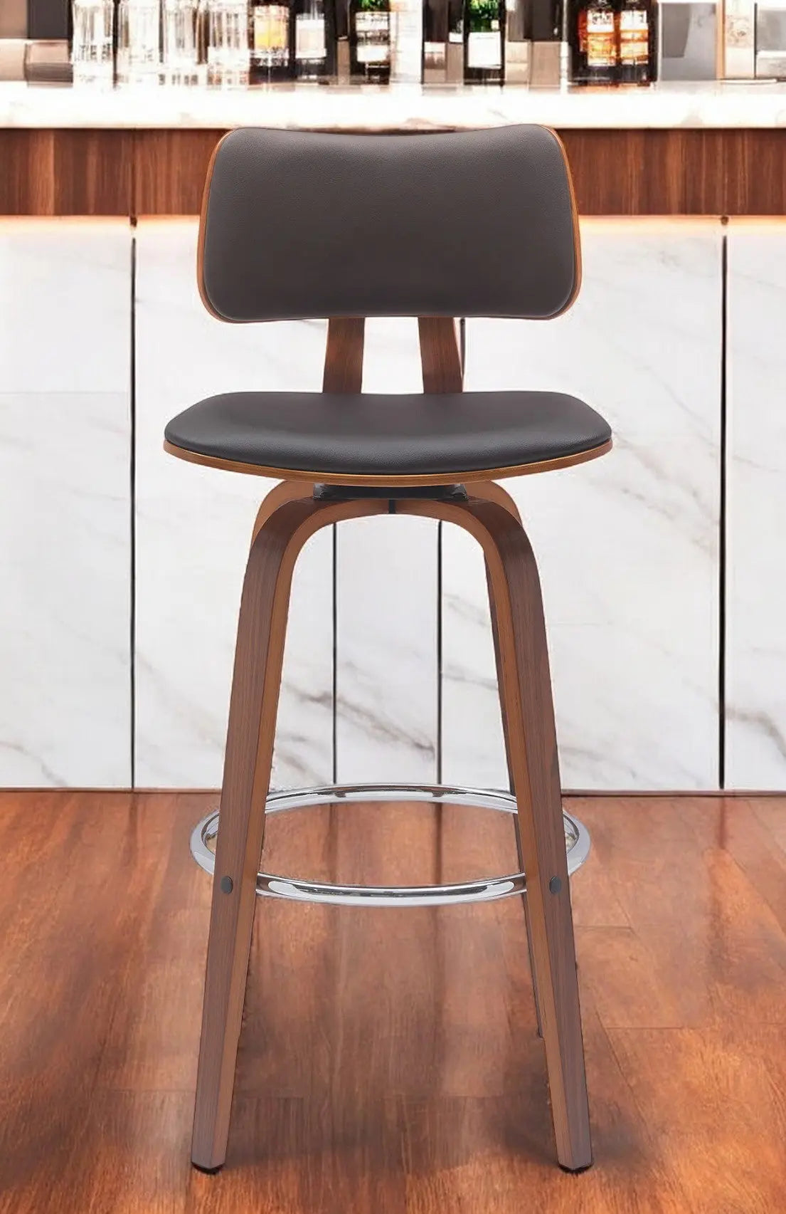30" Brown And Wood Brown Faux Leather Swivel Low Back Bar Height Bar Chair Homeroots Living Room