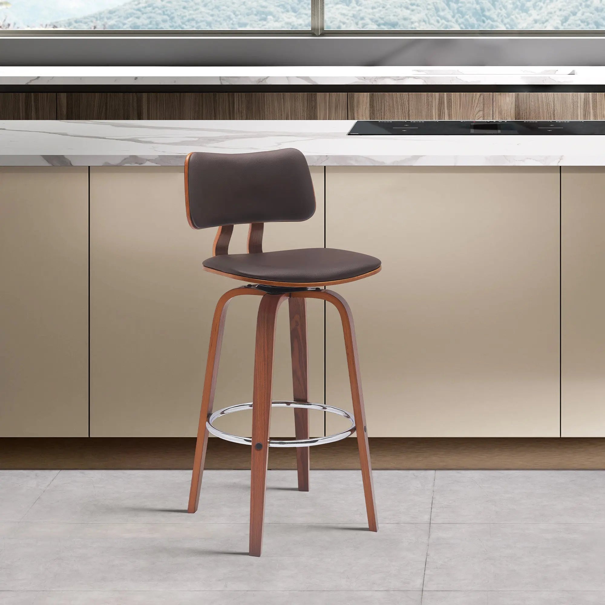 30" Brown And Wood Brown Faux Leather Swivel Low Back Bar Height Bar Chair Homeroots Living Room