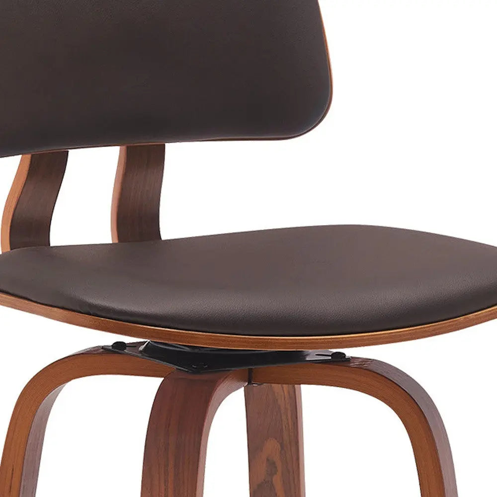 30" Brown And Wood Brown Faux Leather Swivel Low Back Bar Height Bar Chair Homeroots Living Room