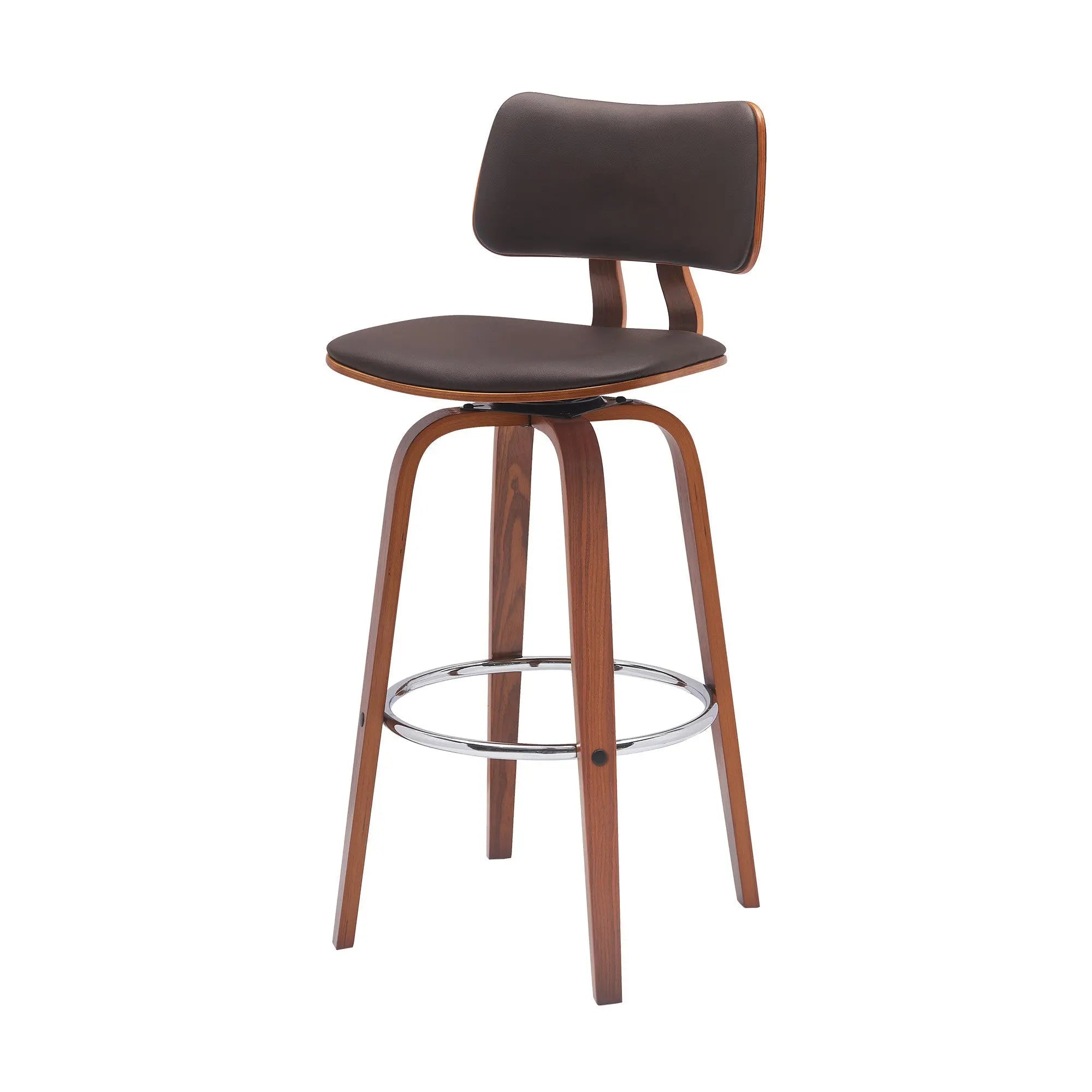 30" Brown And Wood Brown Faux Leather Swivel Low Back Bar Height Bar Chair Homeroots Living Room