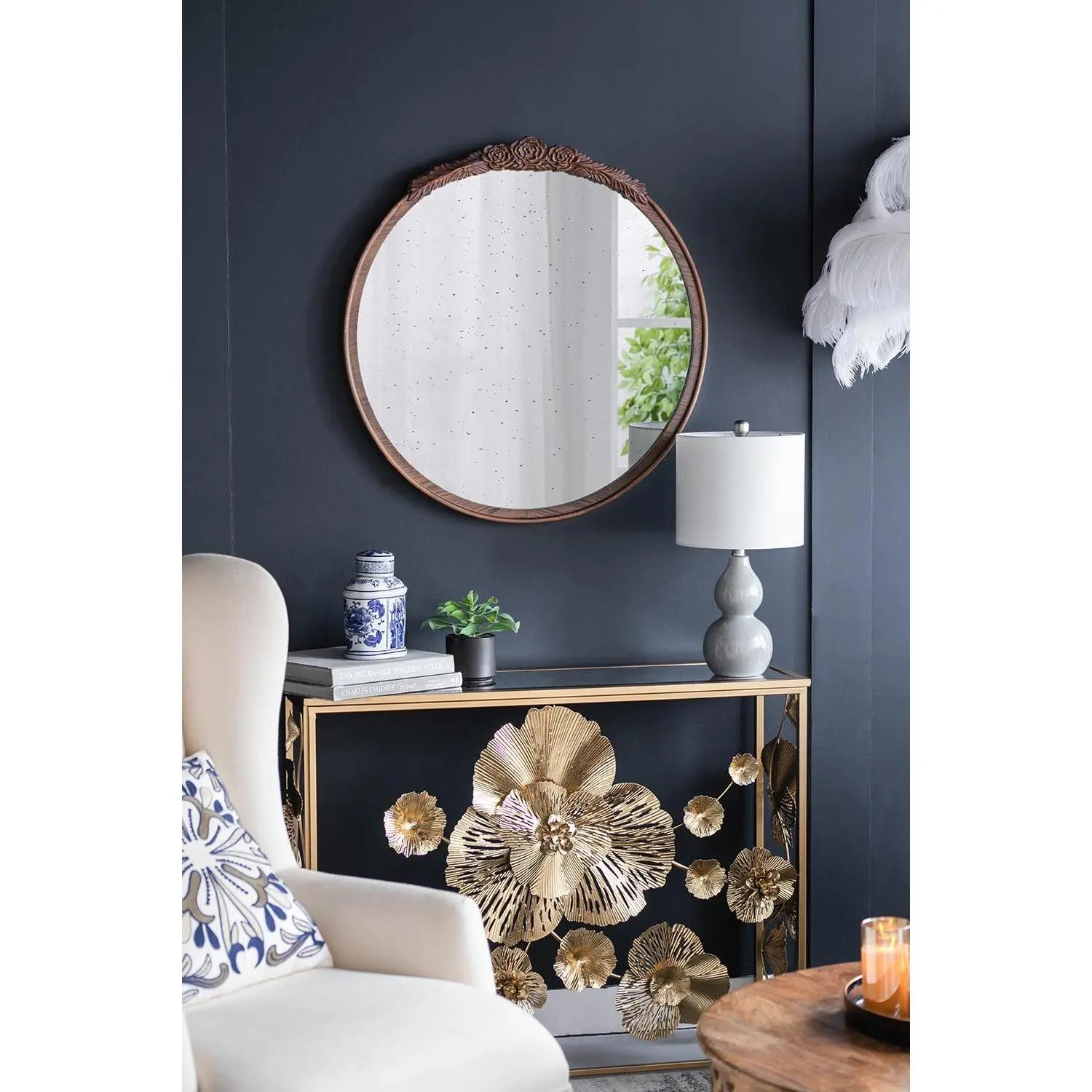 30" Brown Crowned Top Antiqued Glass Framed Accent Mirror Homeroots Bed & Bath