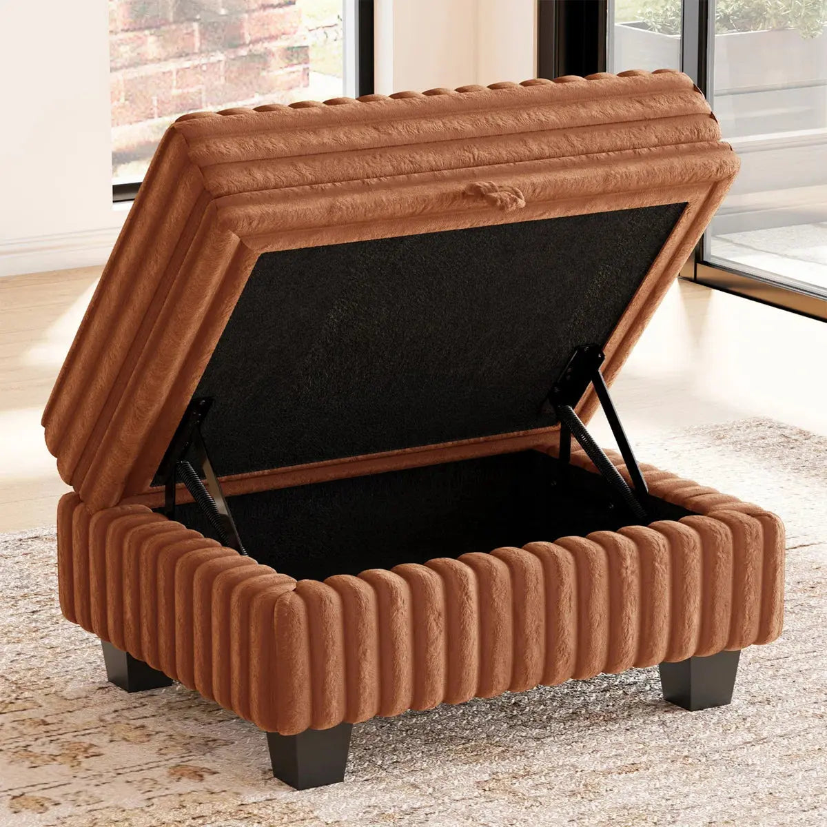 30" Brown and Black Faux Fur Storage Ottoman Homeroots Living Room