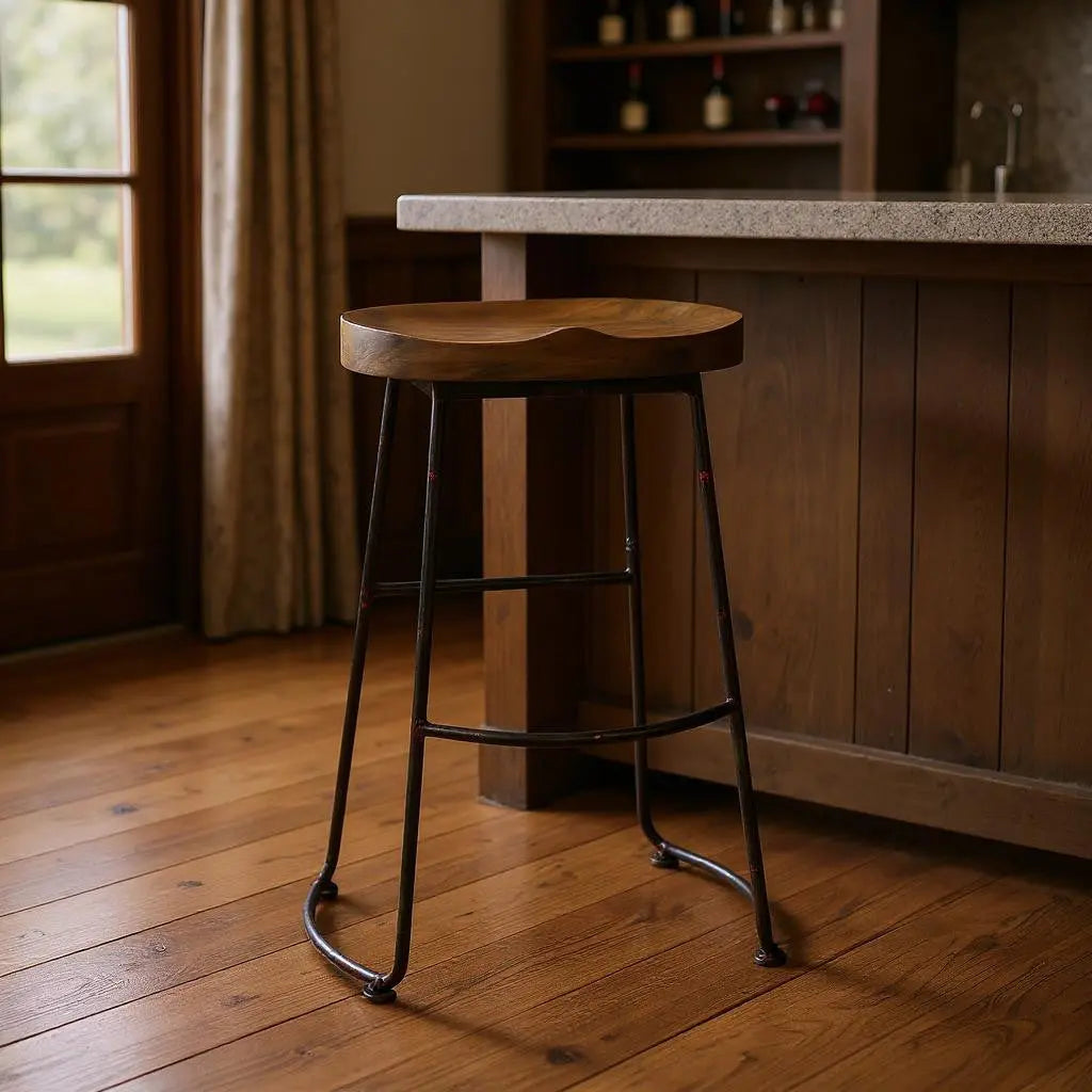30" Brown and Black Wood and Steel Bar Height Bar Chair Homeroots Living Room