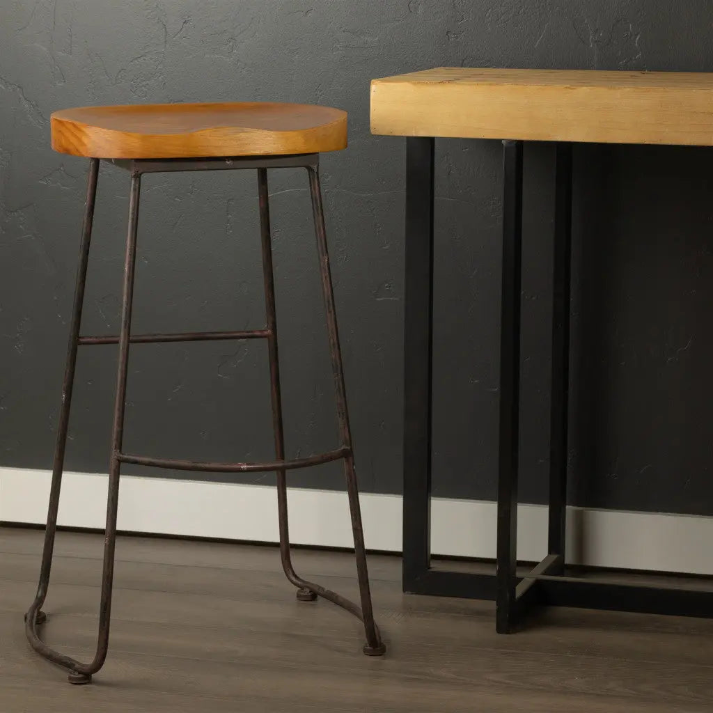 30" Brown and Black Wood and Steel Bar Height Bar Chair Homeroots Living Room