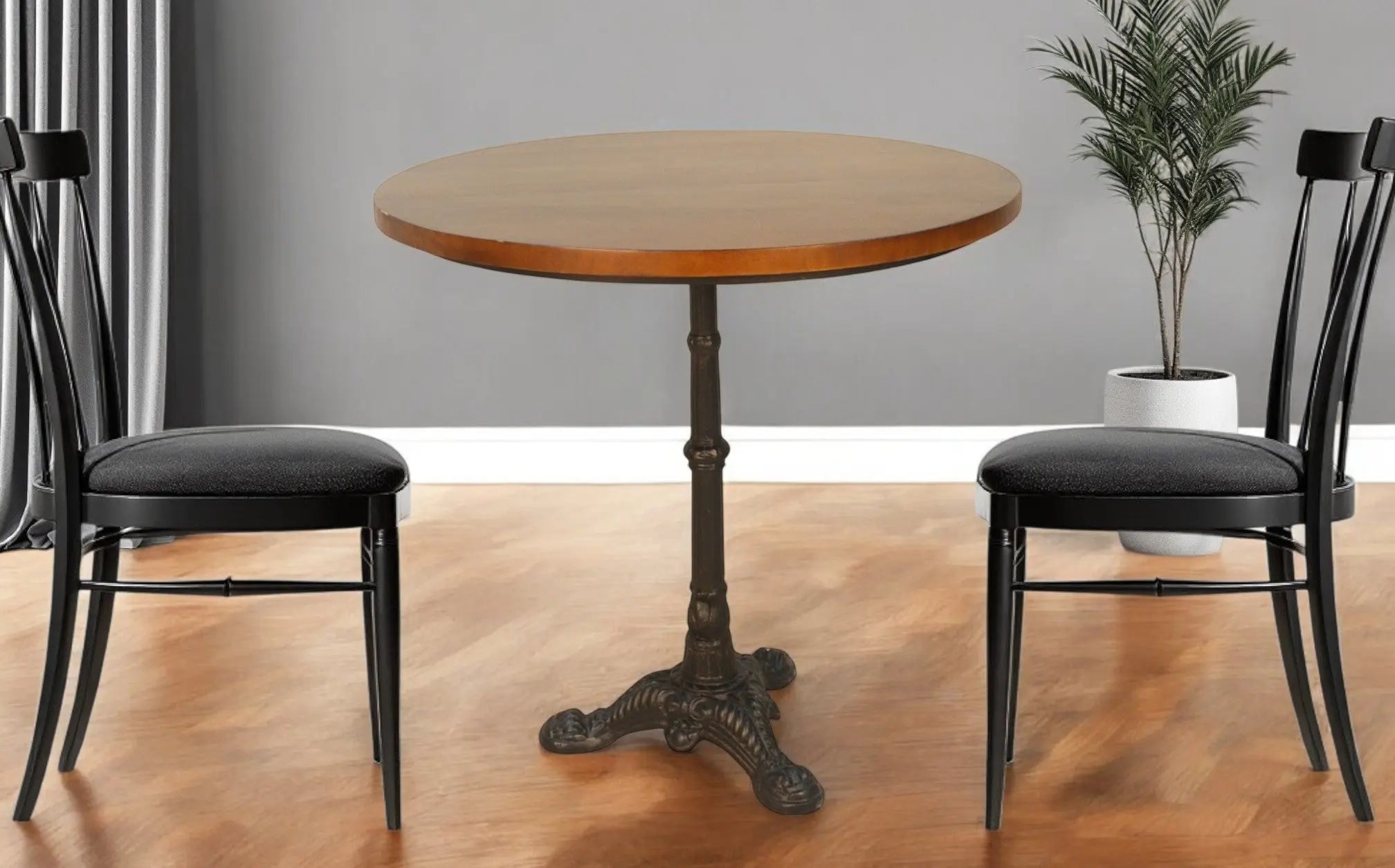 30" Chestnut And Black Rounded Solid Wood And Iron Pedestal Base Dining Table Homeroots Living Room