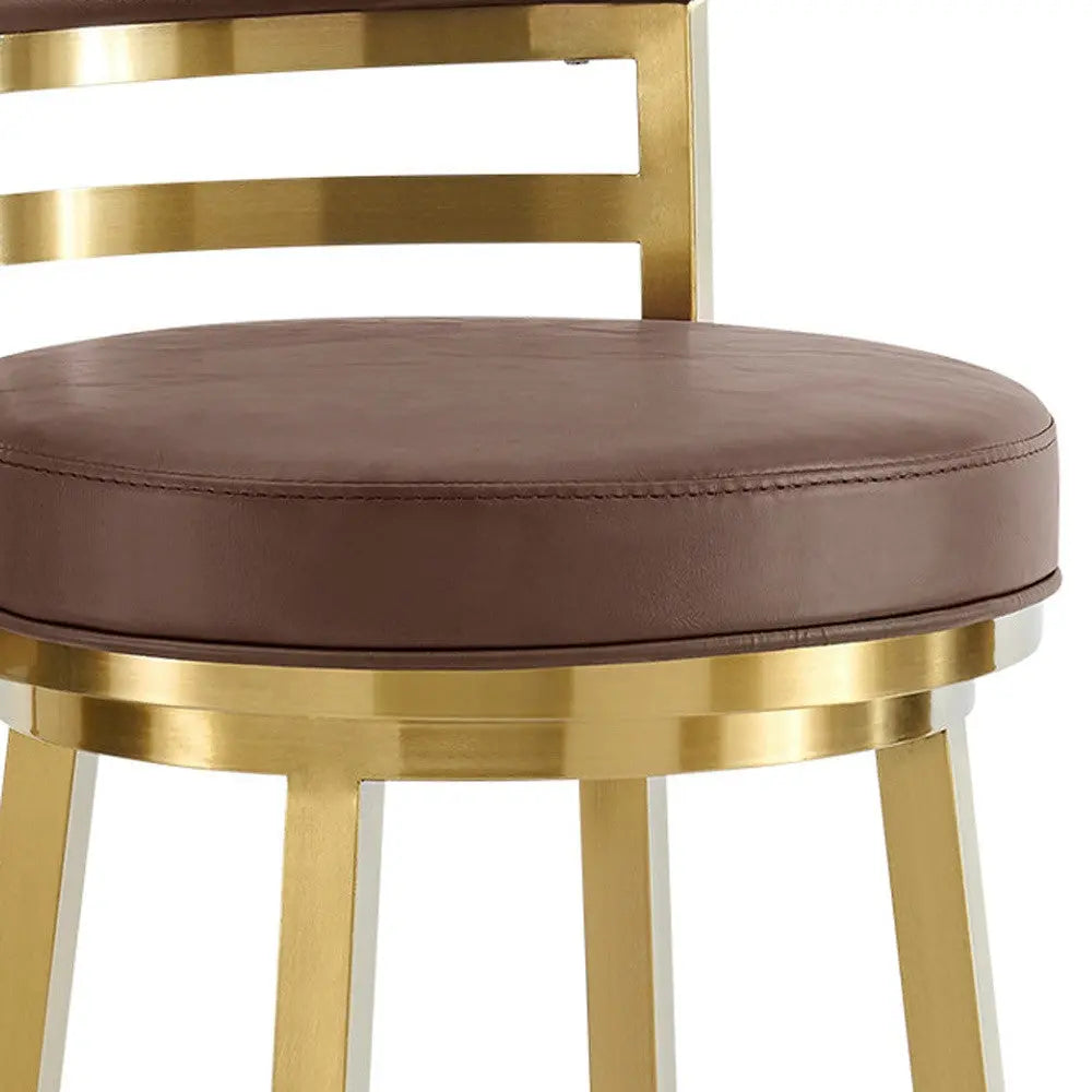 30" Coffee and Gold Faux Leather and Stainless Steel Low Back Bar Height Swivel Bar Chair Homeroots Living Room