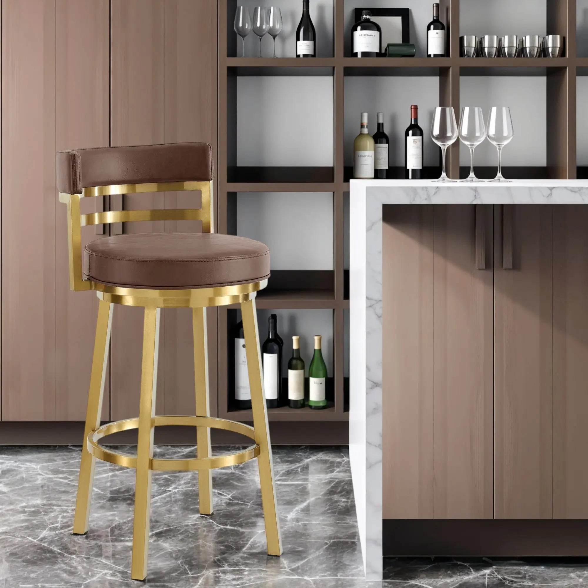 30" Coffee and Gold Faux Leather and Stainless Steel Low Back Bar Height Swivel Bar Chair Homeroots Living Room