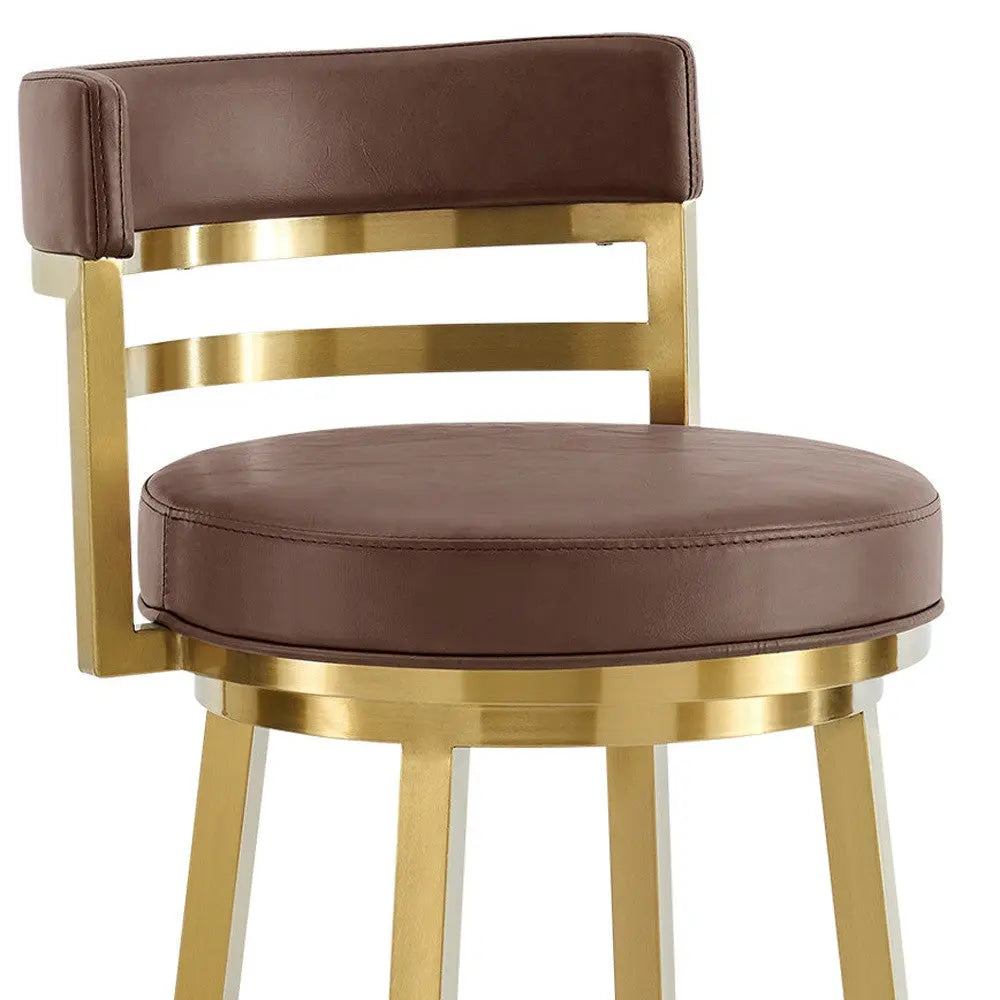 30" Coffee and Gold Faux Leather and Stainless Steel Low Back Bar Height Swivel Bar Chair Homeroots Living Room