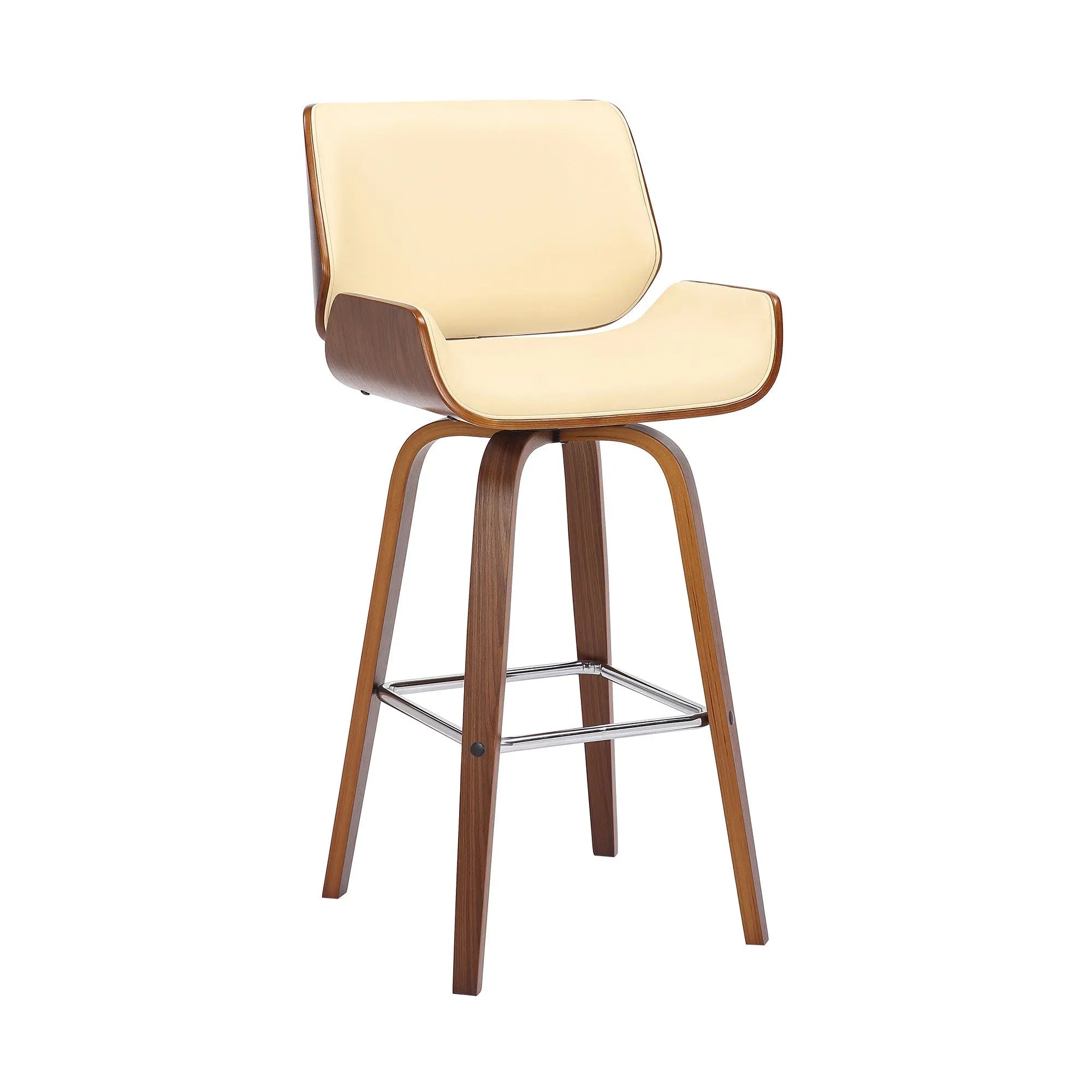 30" Cream And Brown Faux Leather And Solid Wood Swivel Bar Height Bar Chair Homeroots Living Room