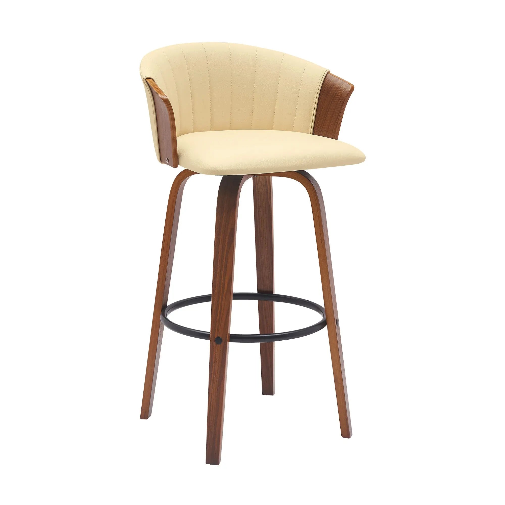 30" Cream And Wood Brown Faux Leather Swivel Bar Height Bar Chair Homeroots Living Room