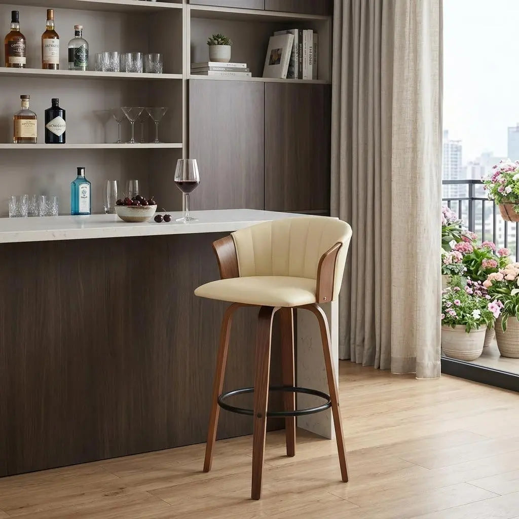 30" Cream And Wood Brown Faux Leather Swivel Bar Height Bar Chair Homeroots Living Room