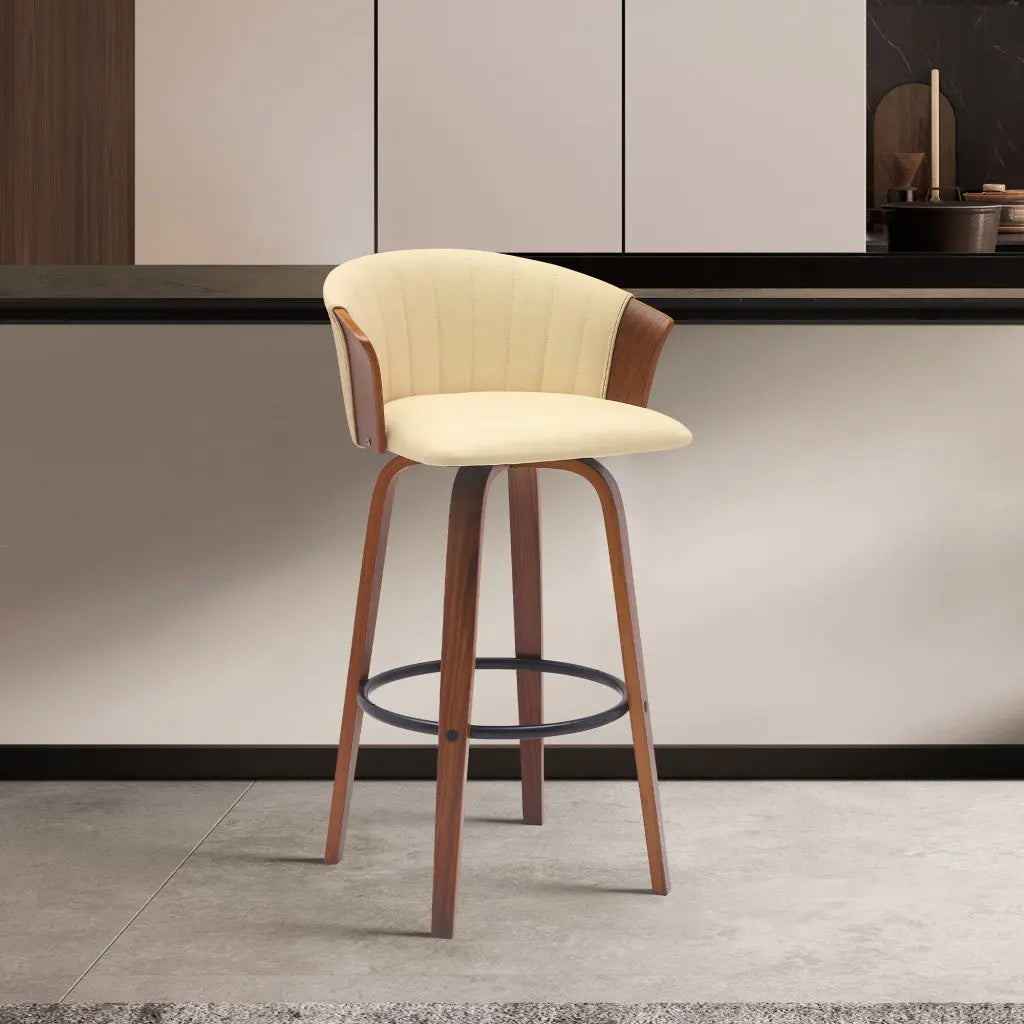 30" Cream And Wood Brown Faux Leather Swivel Bar Height Bar Chair Homeroots Living Room