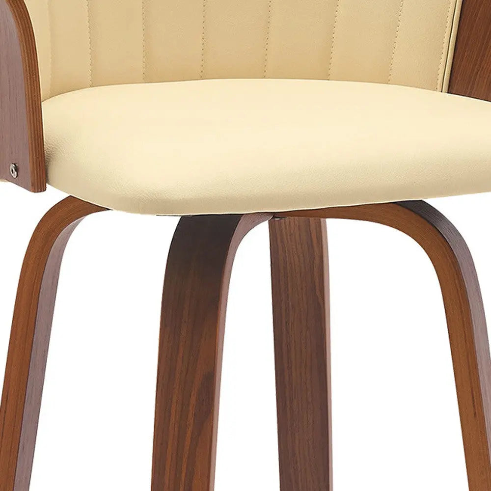 30" Cream And Wood Brown Faux Leather Swivel Bar Height Bar Chair Homeroots Living Room