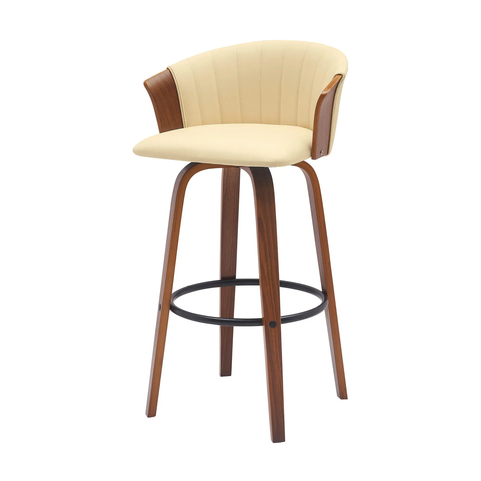 30" Cream And Wood Brown Faux Leather Swivel Bar Height Bar Chair Homeroots Living Room