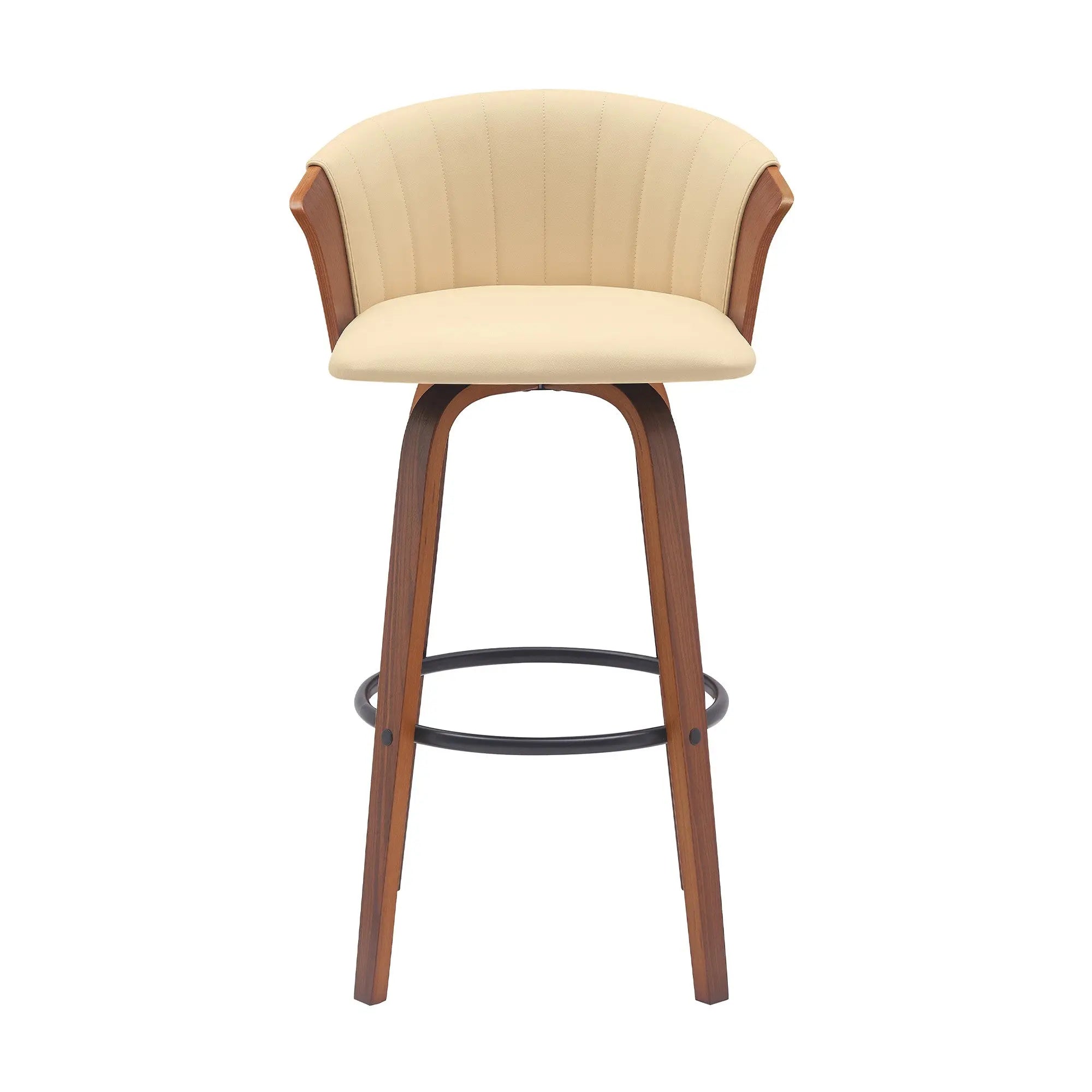 30" Cream And Wood Brown Faux Leather Swivel Bar Height Bar Chair Homeroots Living Room