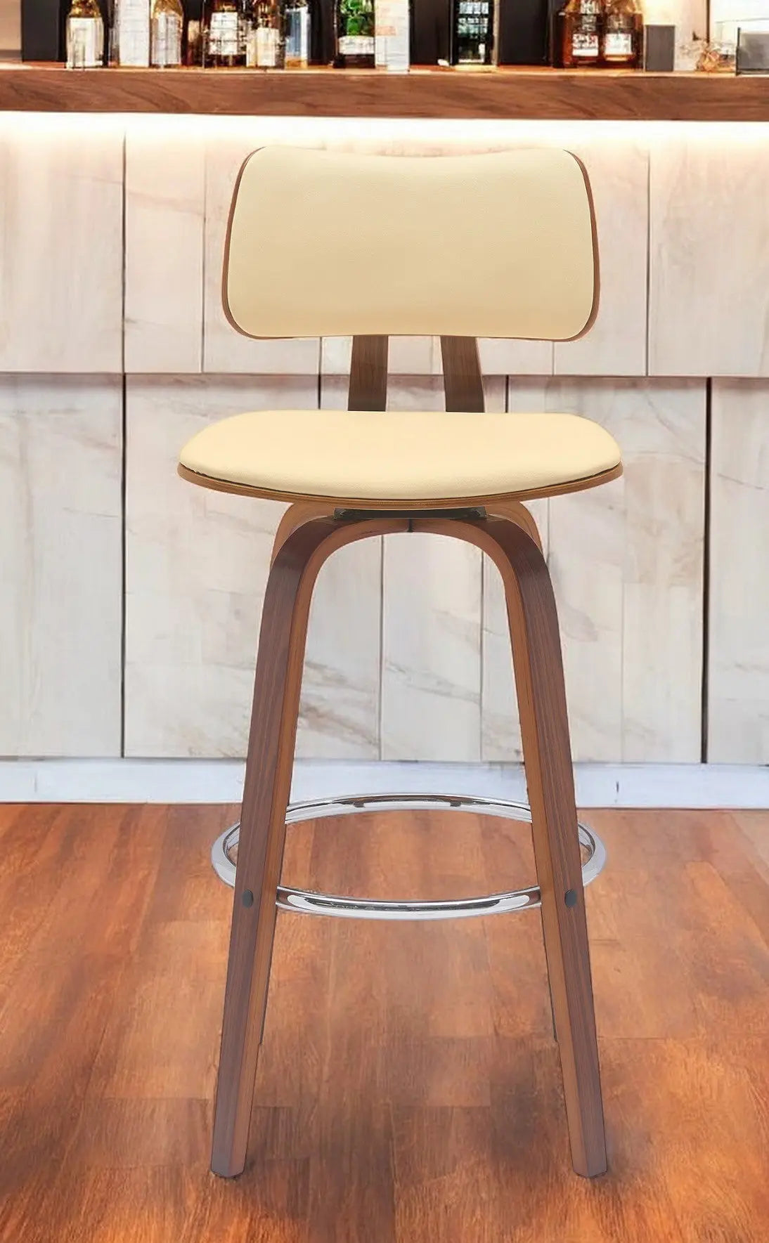 30" Cream And Wood Brown Faux Leather Swivel Low Back Bar Height Bar Chair Homeroots Living Room