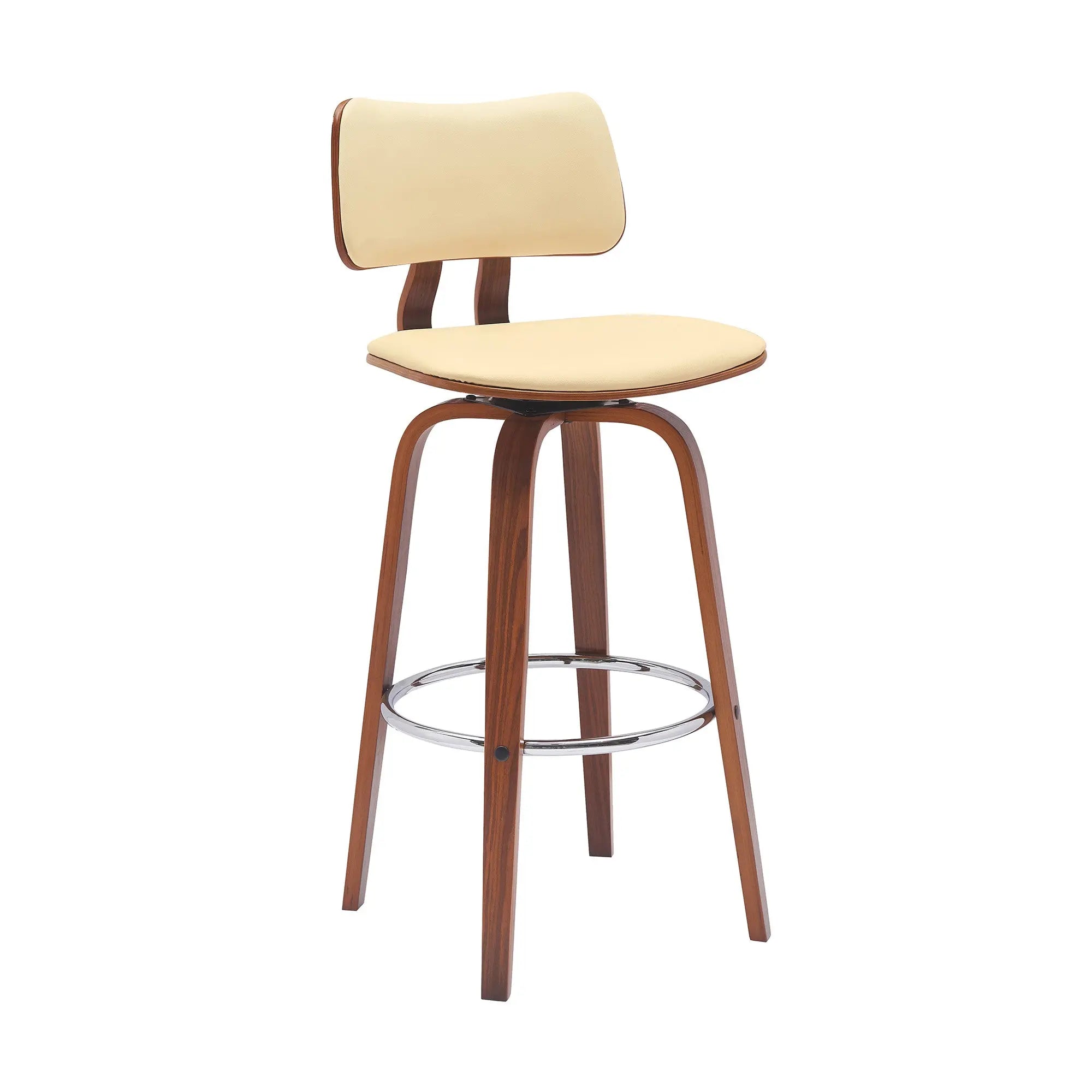 30" Cream And Wood Brown Faux Leather Swivel Low Back Bar Height Bar Chair Homeroots Living Room