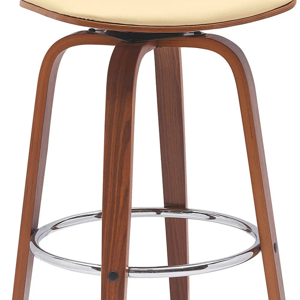 30" Cream And Wood Brown Faux Leather Swivel Low Back Bar Height Bar Chair Homeroots Living Room