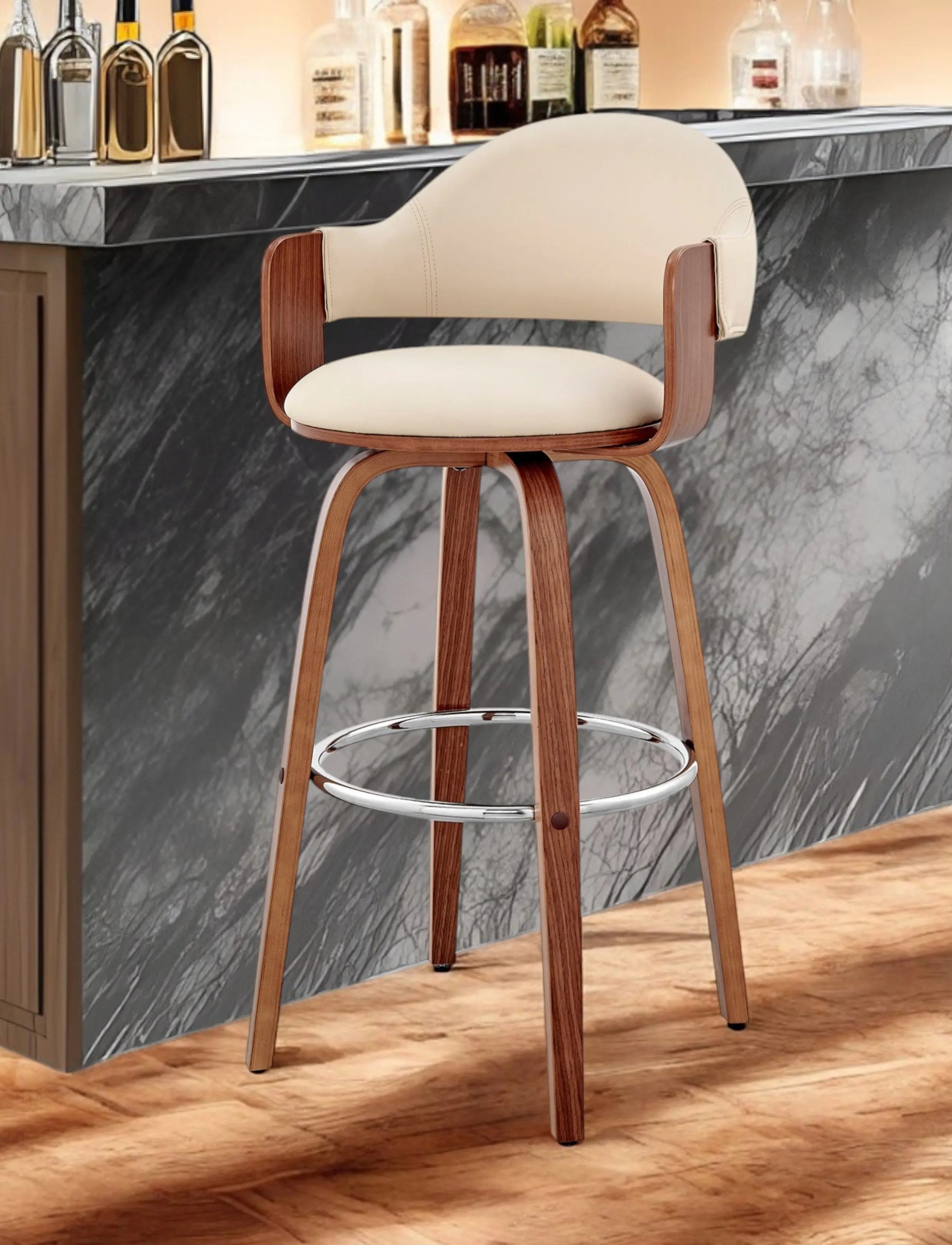 30" Cream and Brown Fabric Low Back Bar Height Swivel Bar Chair Homeroots Living Room