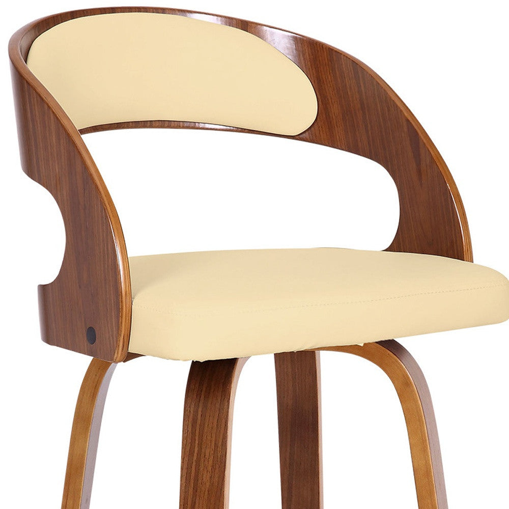 30" Cream and Brown Fabric and Iron Low Back Bar Height Swivel Bar Chair - GreatEagleInc