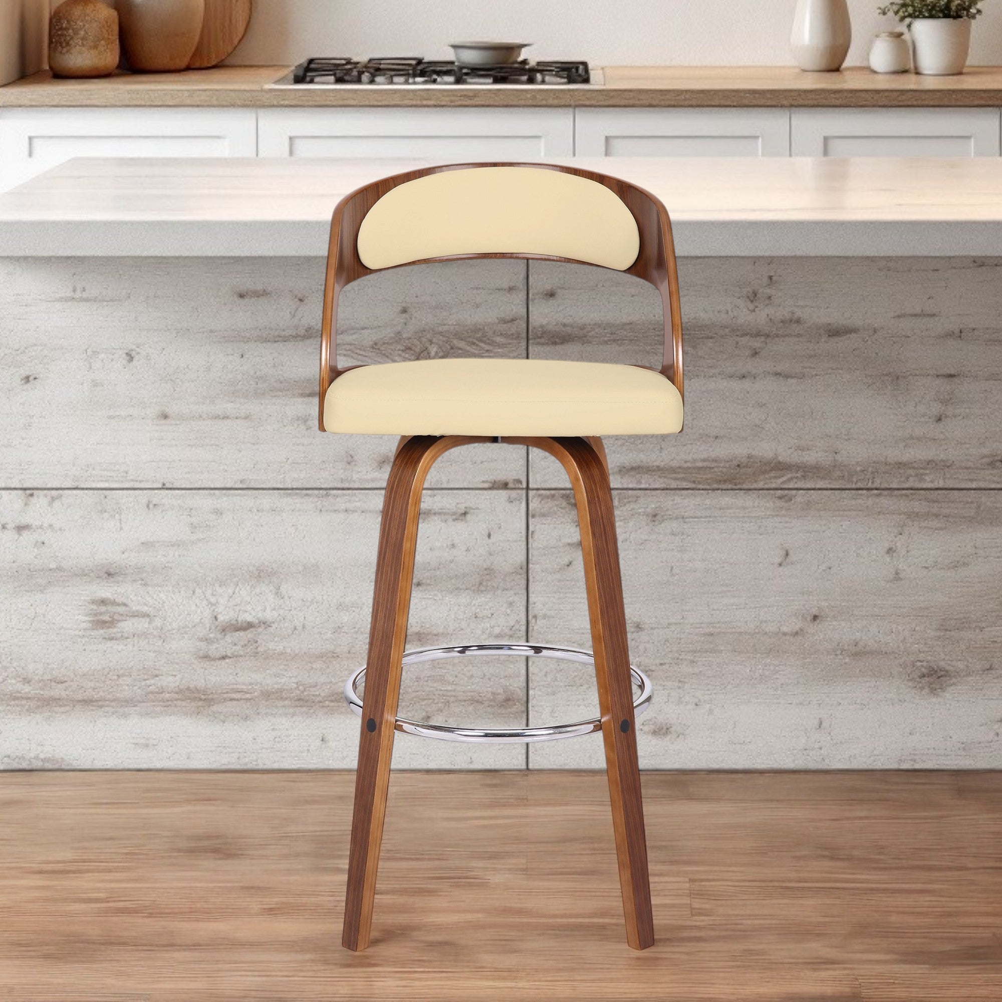 30" Cream and Brown Fabric and Iron Low Back Bar Height Swivel Bar Chair - GreatEagleInc