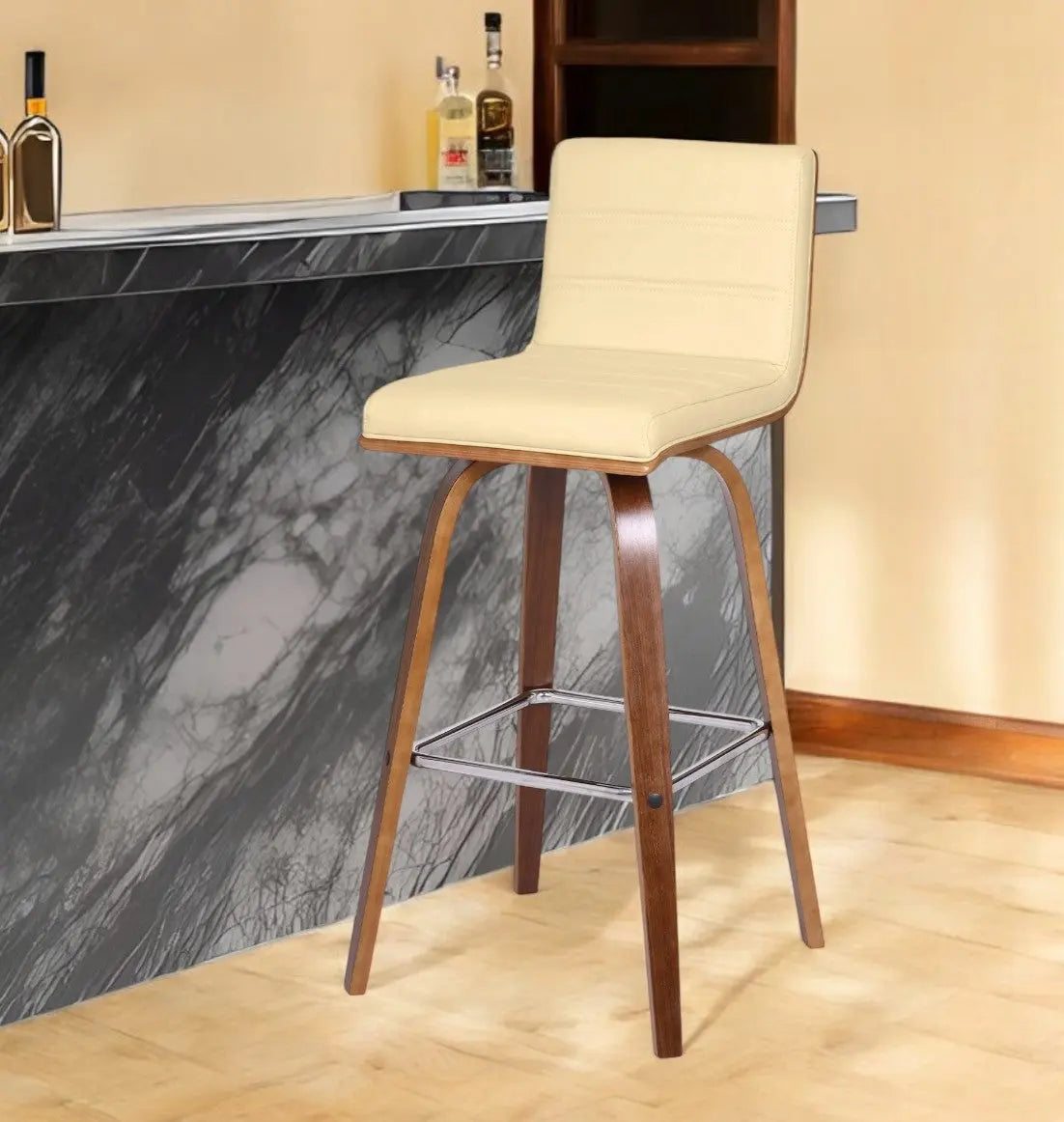 30" Cream and Brown Fabric and Iron Low Back Bar Height Swivel Bar Chair - GreatEagleInc