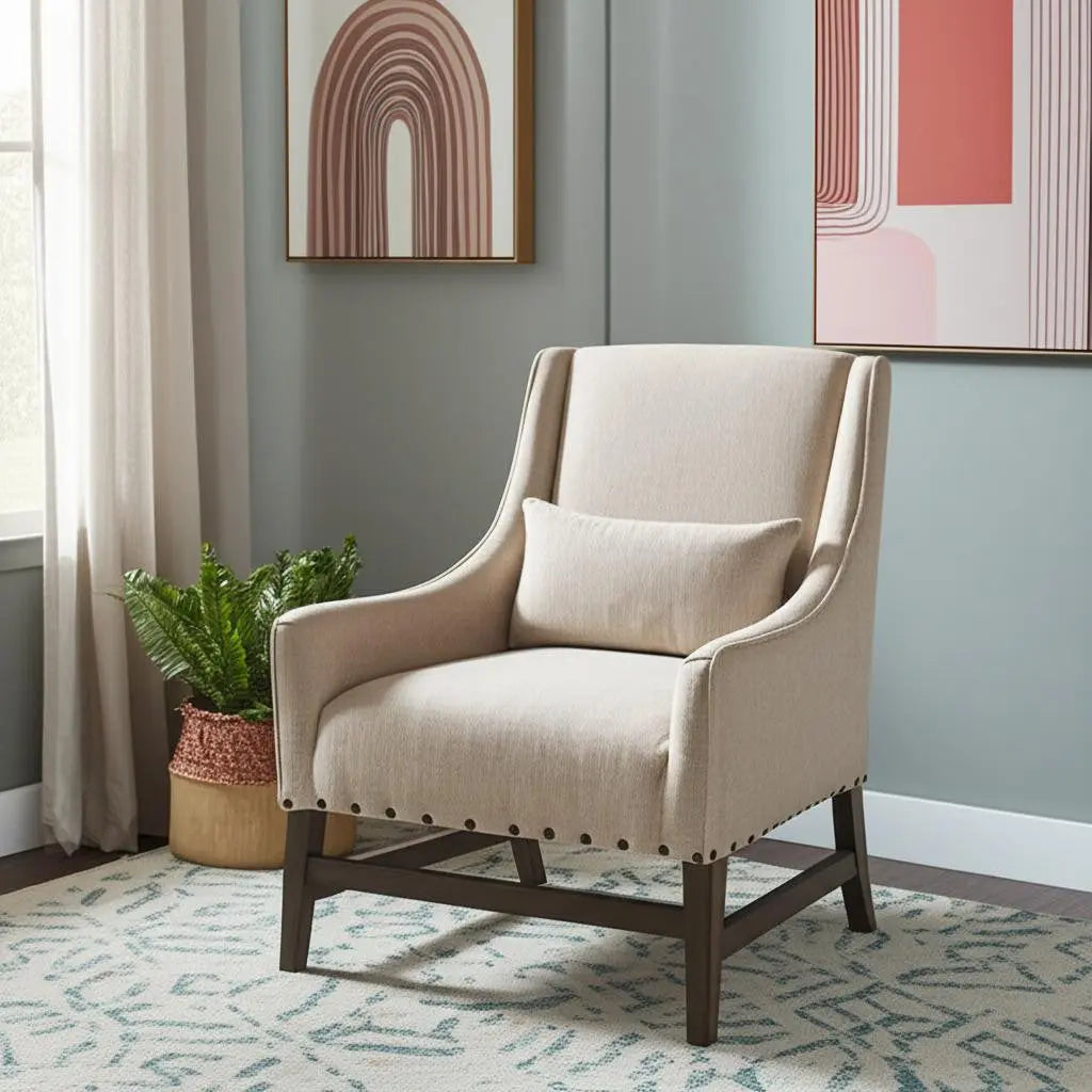 30" Cream and Brown Linen and Solid Wood Arm Chair Homeroots Living Room