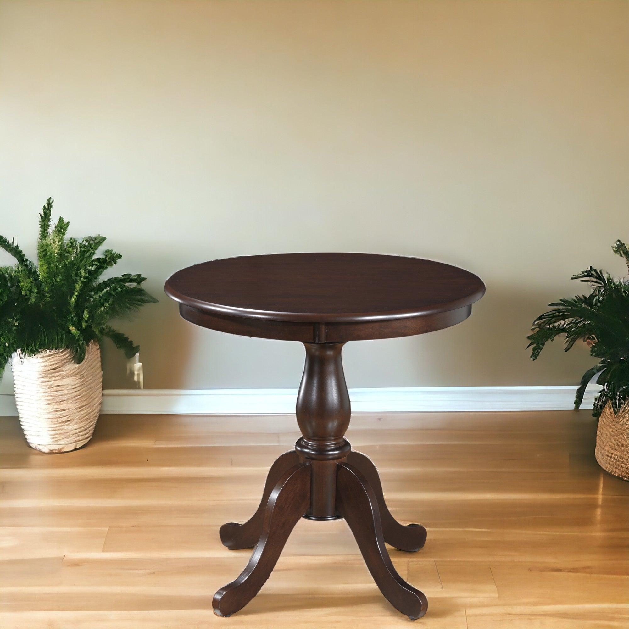 30" Espresso Rounded Solid Manufactured Wood And Solid Wood Pedestal Base Dining Table Homeroots Kitchen & Dining