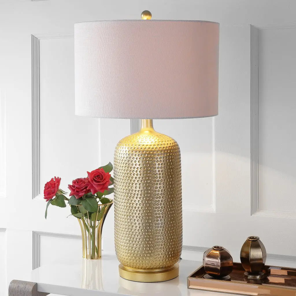 30" Gold Round Table Lamp With Drum Shade Homeroots Lighting