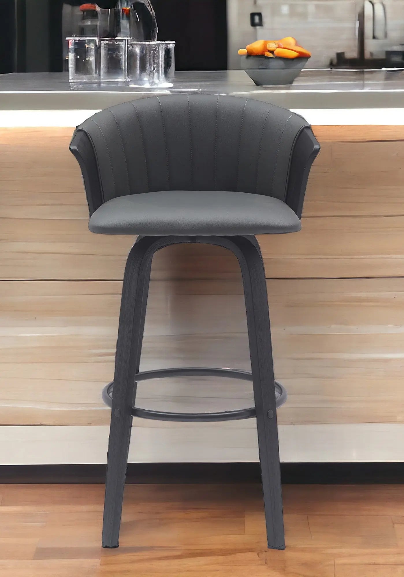 30" Gray And Black Faux Leather Swivel Bar Height Bar Chair Homeroots Living Room
