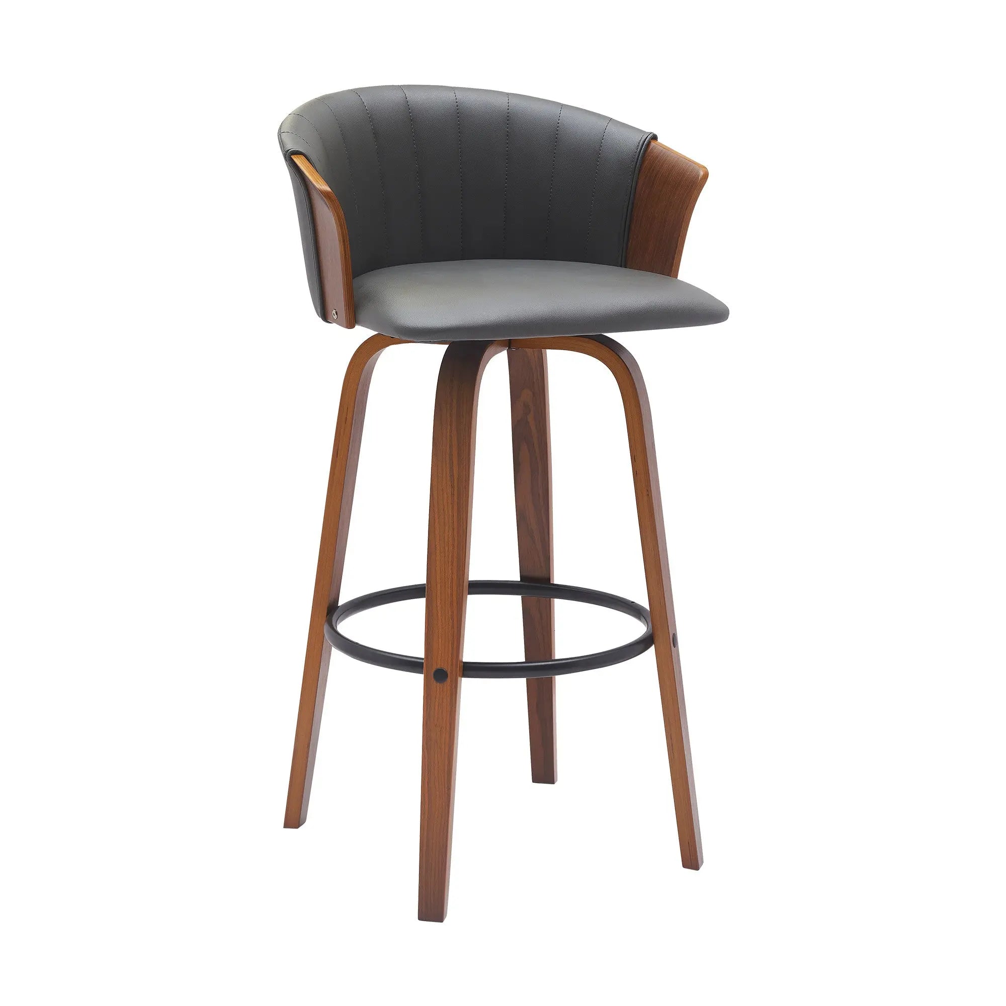 30" Gray And Wood Brown Faux Leather Swivel Bar Height Bar Chair Homeroots Living Room