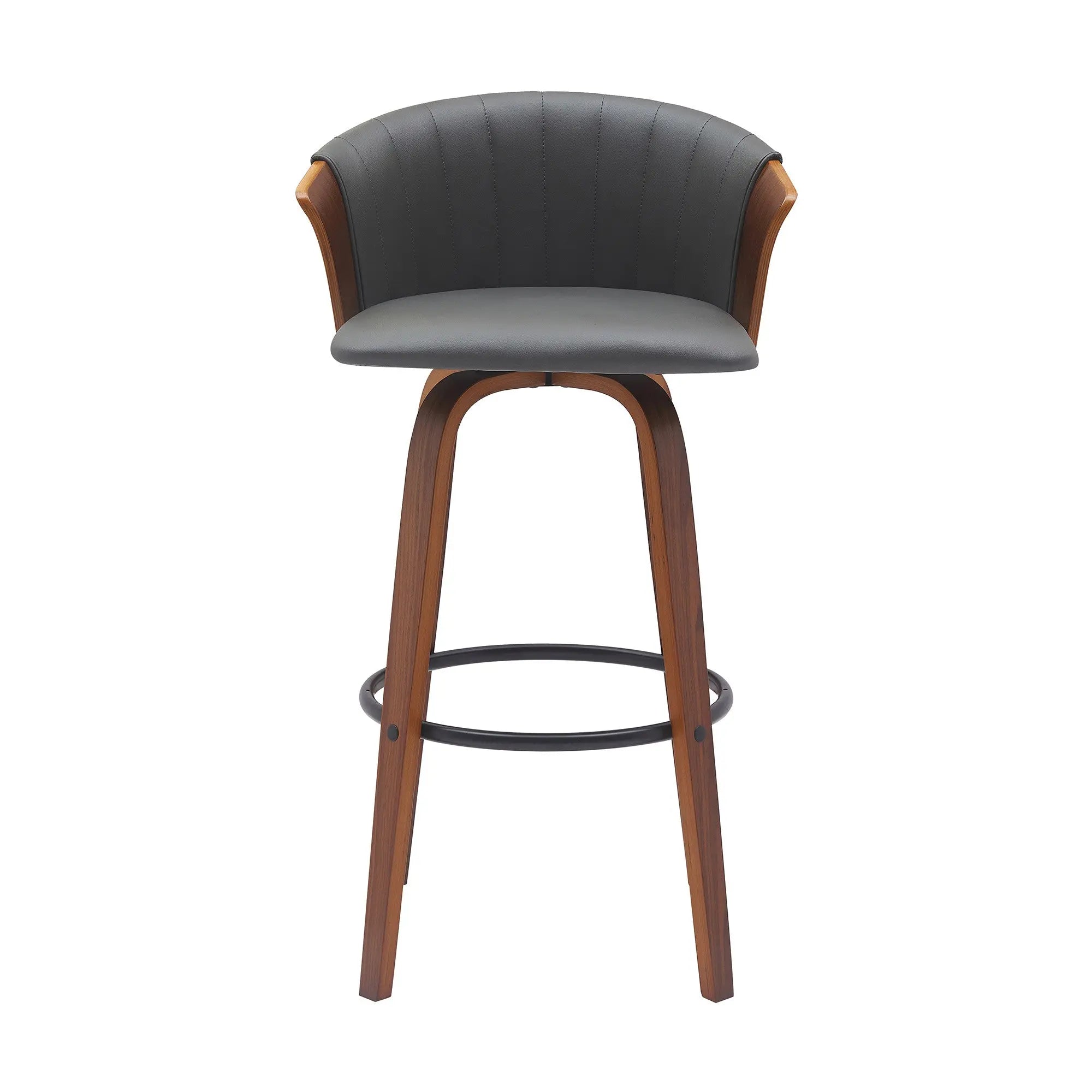 30" Gray And Wood Brown Faux Leather Swivel Bar Height Bar Chair Homeroots Living Room