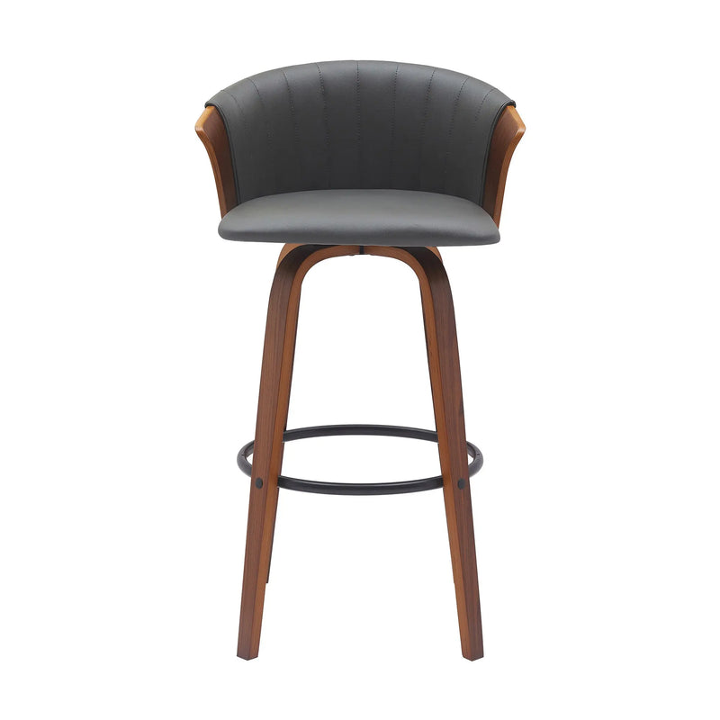 30" Gray And Wood Brown Faux Leather Swivel Bar Height Bar Chair Homeroots Living Room