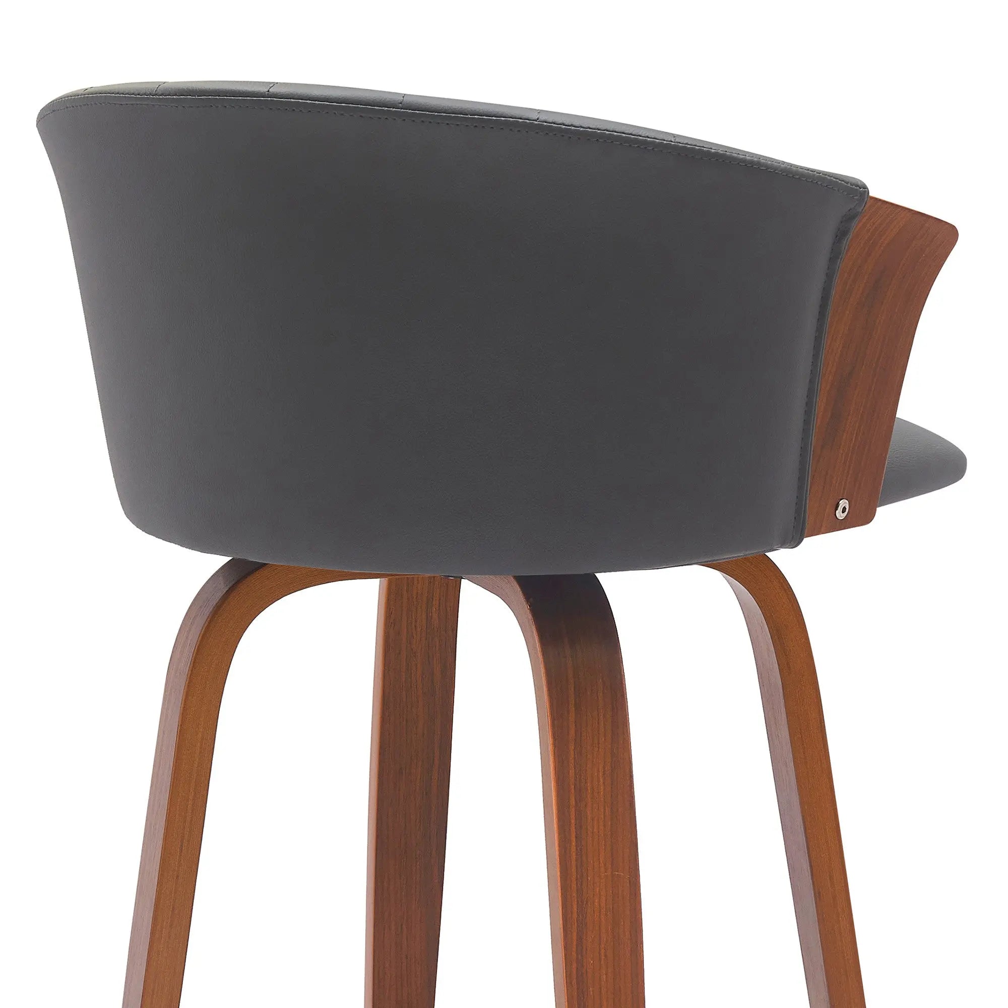 30" Gray And Wood Brown Faux Leather Swivel Bar Height Bar Chair Homeroots Living Room