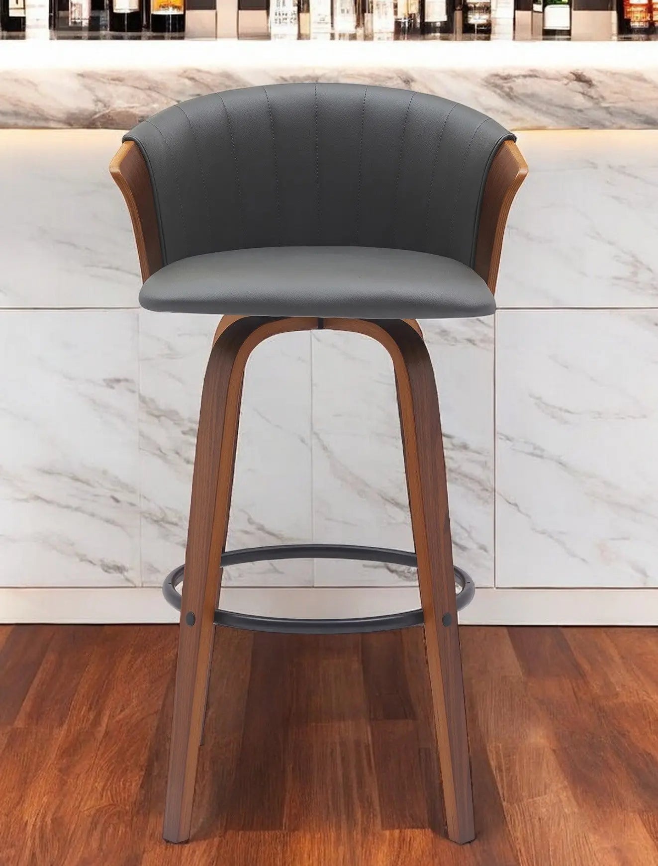 30" Gray And Wood Brown Faux Leather Swivel Bar Height Bar Chair Homeroots Living Room