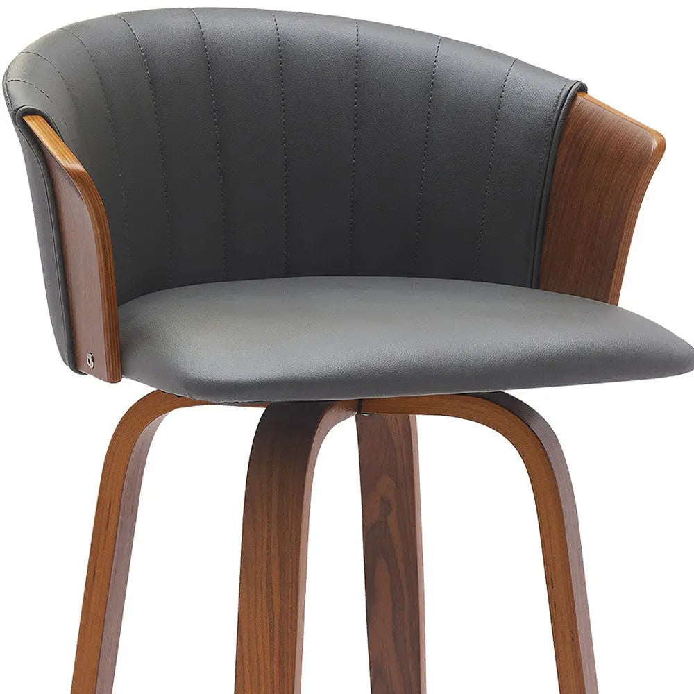 30" Gray And Wood Brown Faux Leather Swivel Bar Height Bar Chair Homeroots Living Room