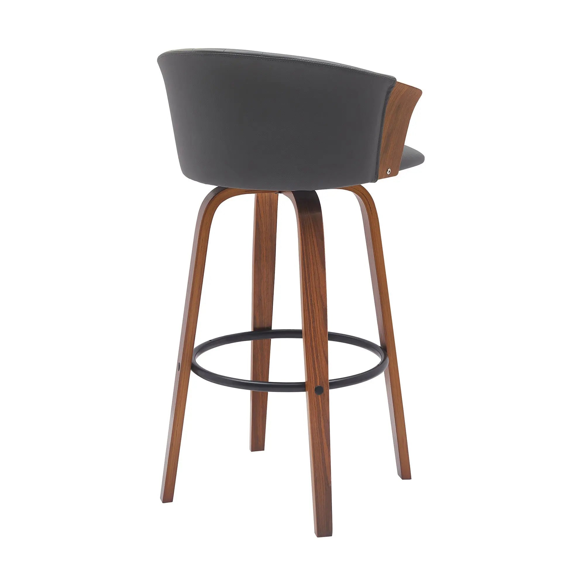 30" Gray And Wood Brown Faux Leather Swivel Bar Height Bar Chair Homeroots Living Room