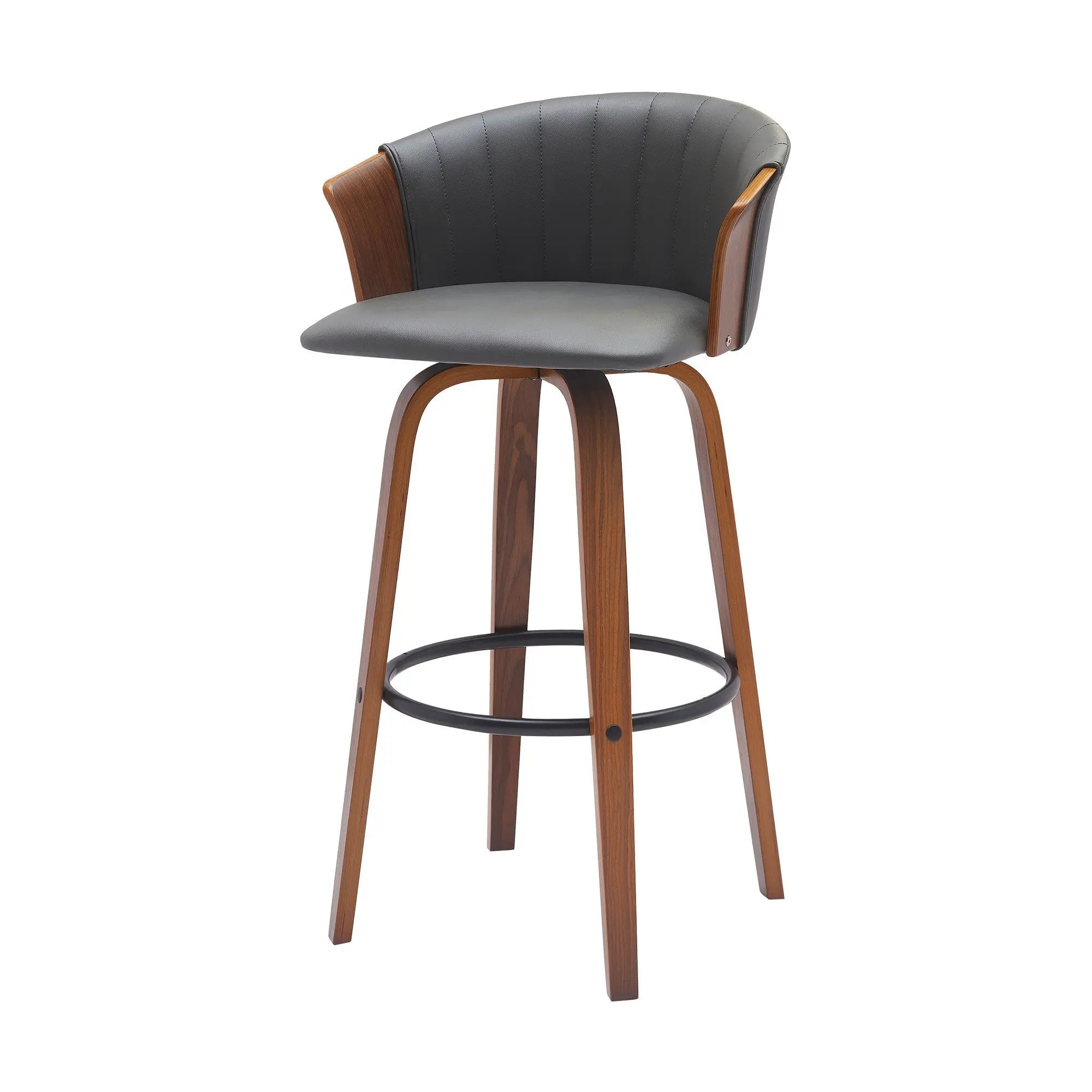 30" Gray And Wood Brown Faux Leather Swivel Bar Height Bar Chair Homeroots Living Room