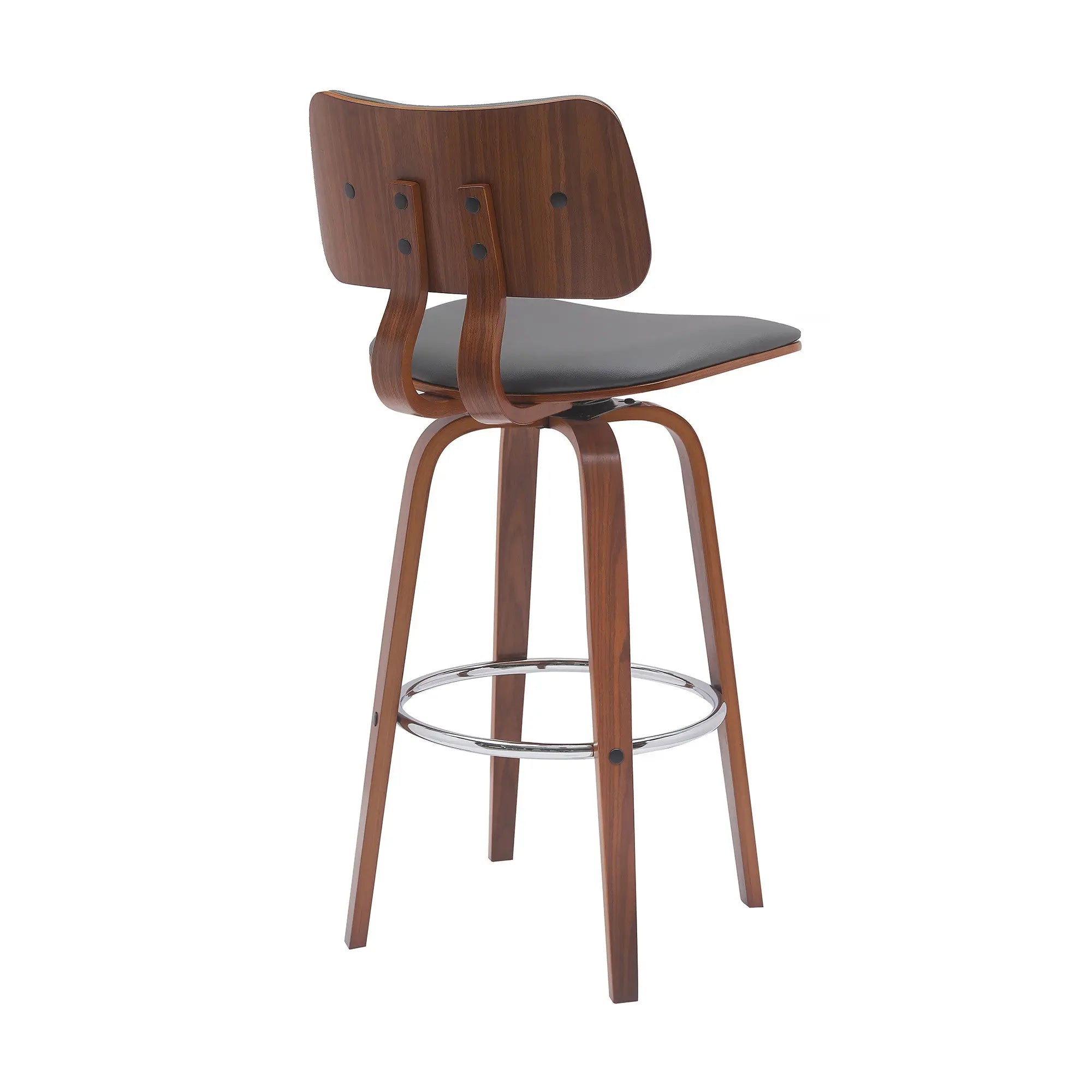 30" Gray And Wood Brown Faux Leather Swivel Low Back Bar Height Bar Chair Homeroots Living Room