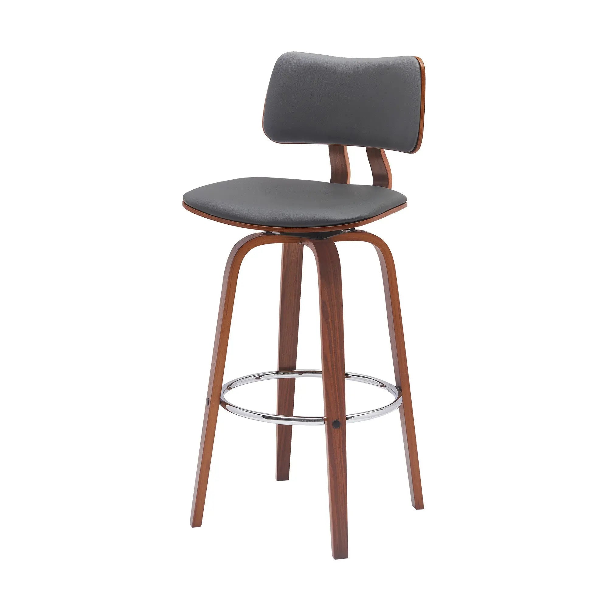 30" Gray And Wood Brown Faux Leather Swivel Low Back Bar Height Bar Chair Homeroots Living Room