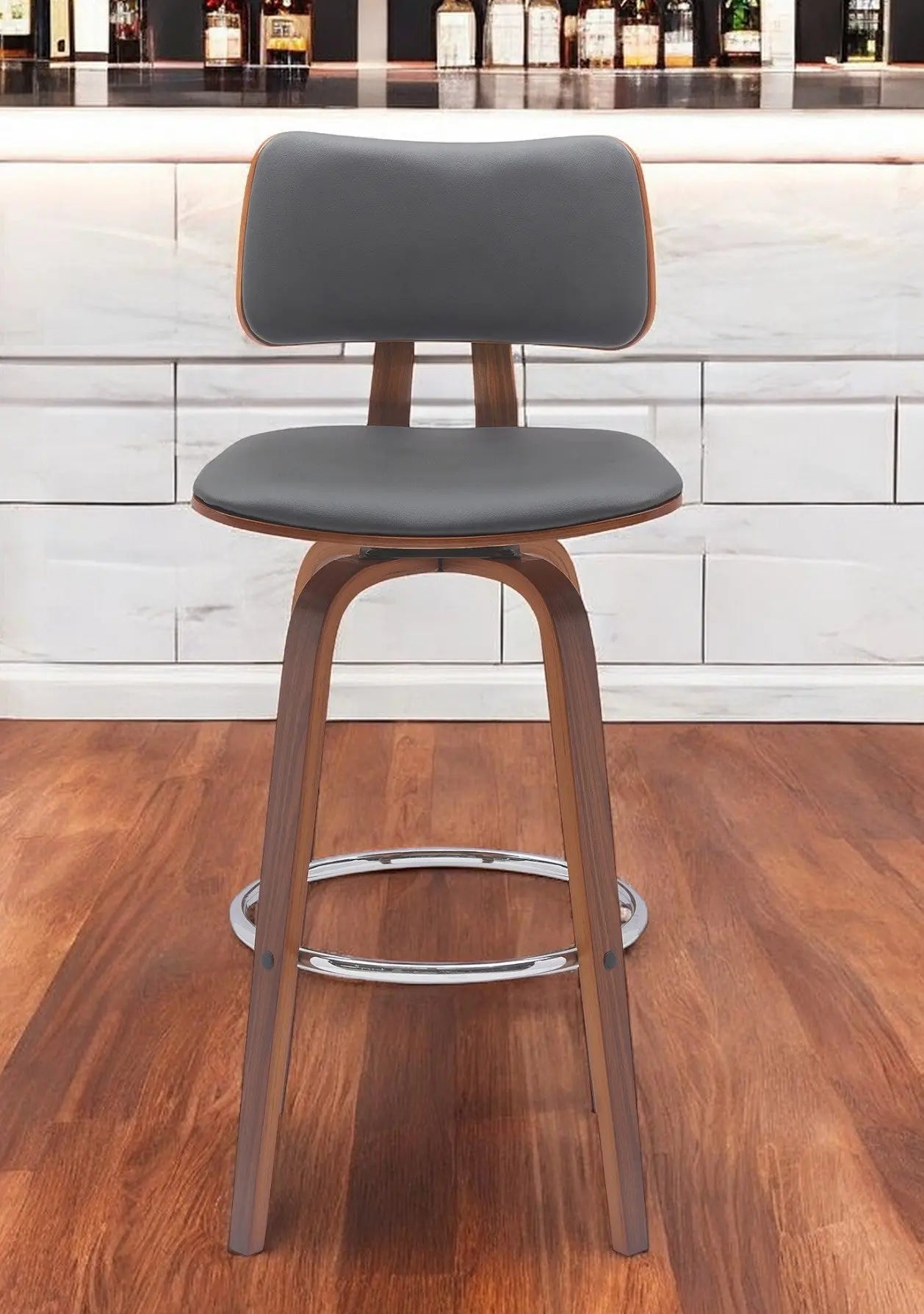 30" Gray And Wood Brown Faux Leather Swivel Low Back Bar Height Bar Chair Homeroots Living Room