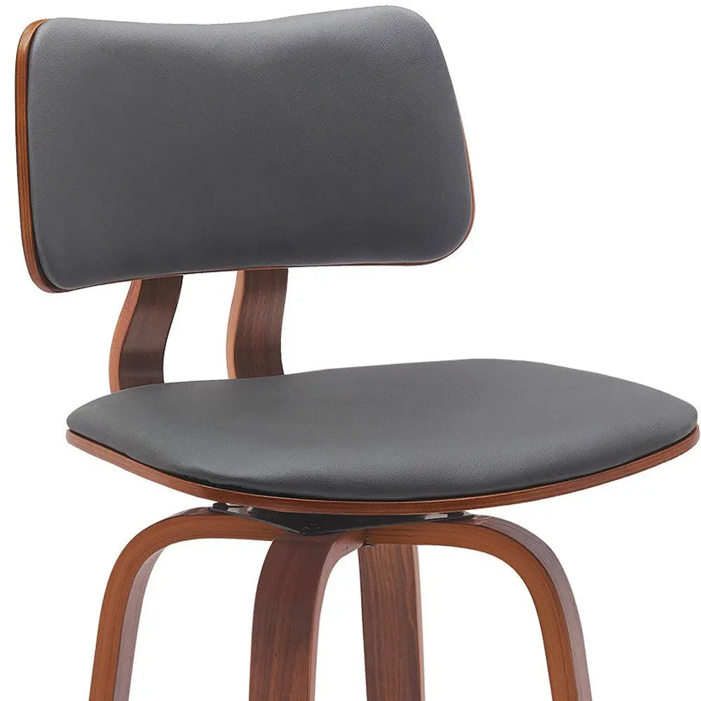 30" Gray And Wood Brown Faux Leather Swivel Low Back Bar Height Bar Chair Homeroots Living Room