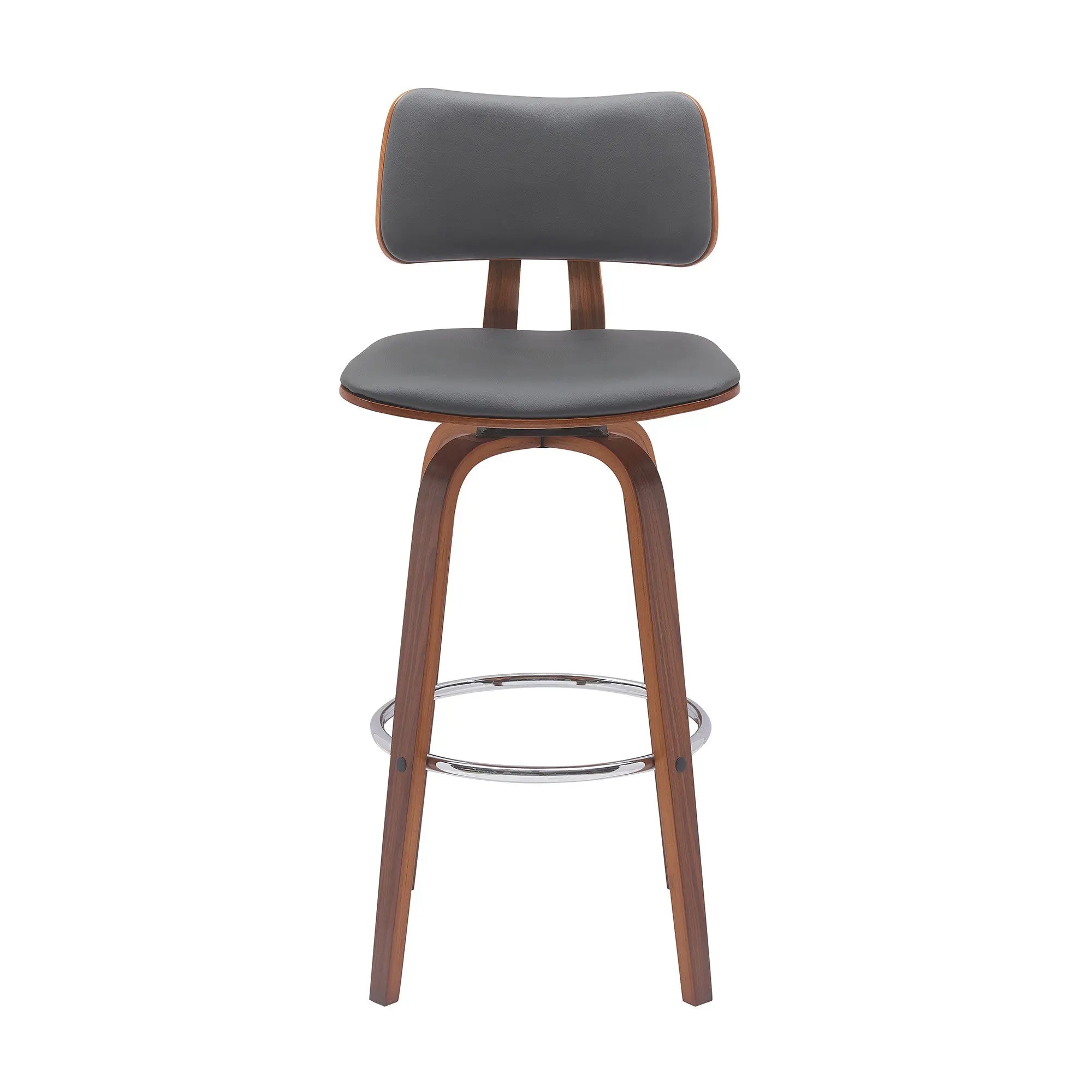 30" Gray And Wood Brown Faux Leather Swivel Low Back Bar Height Bar Chair Homeroots Living Room