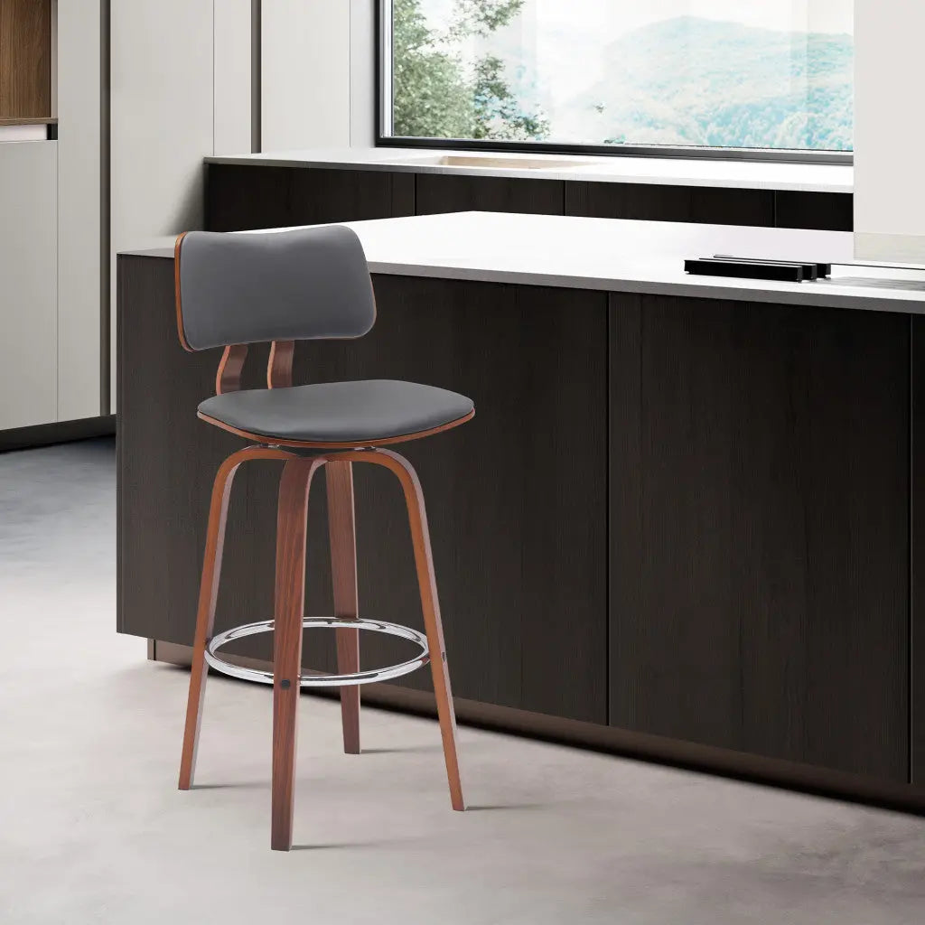 30" Gray And Wood Brown Faux Leather Swivel Low Back Bar Height Bar Chair Homeroots Living Room