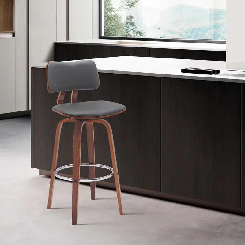 30" Gray And Wood Brown Faux Leather Swivel Low Back Bar Height Bar Chair Homeroots Living Room