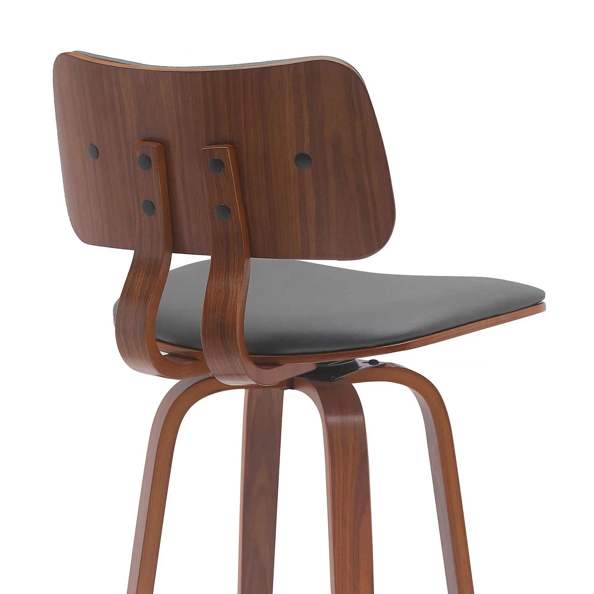 30" Gray And Wood Brown Faux Leather Swivel Low Back Bar Height Bar Chair Homeroots Living Room