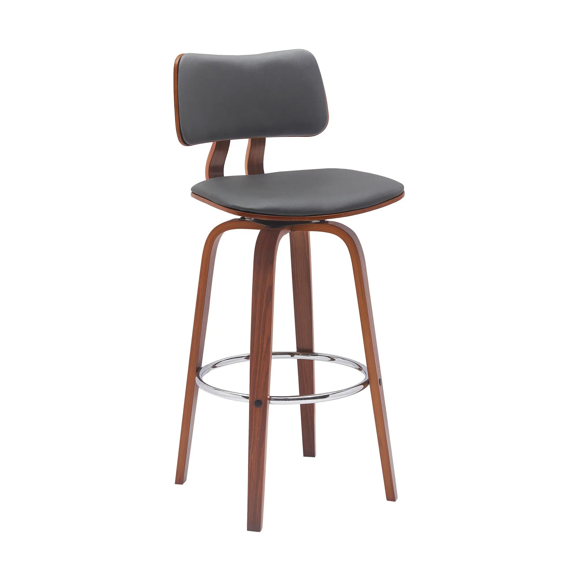 30" Gray And Wood Brown Faux Leather Swivel Low Back Bar Height Bar Chair Homeroots Living Room