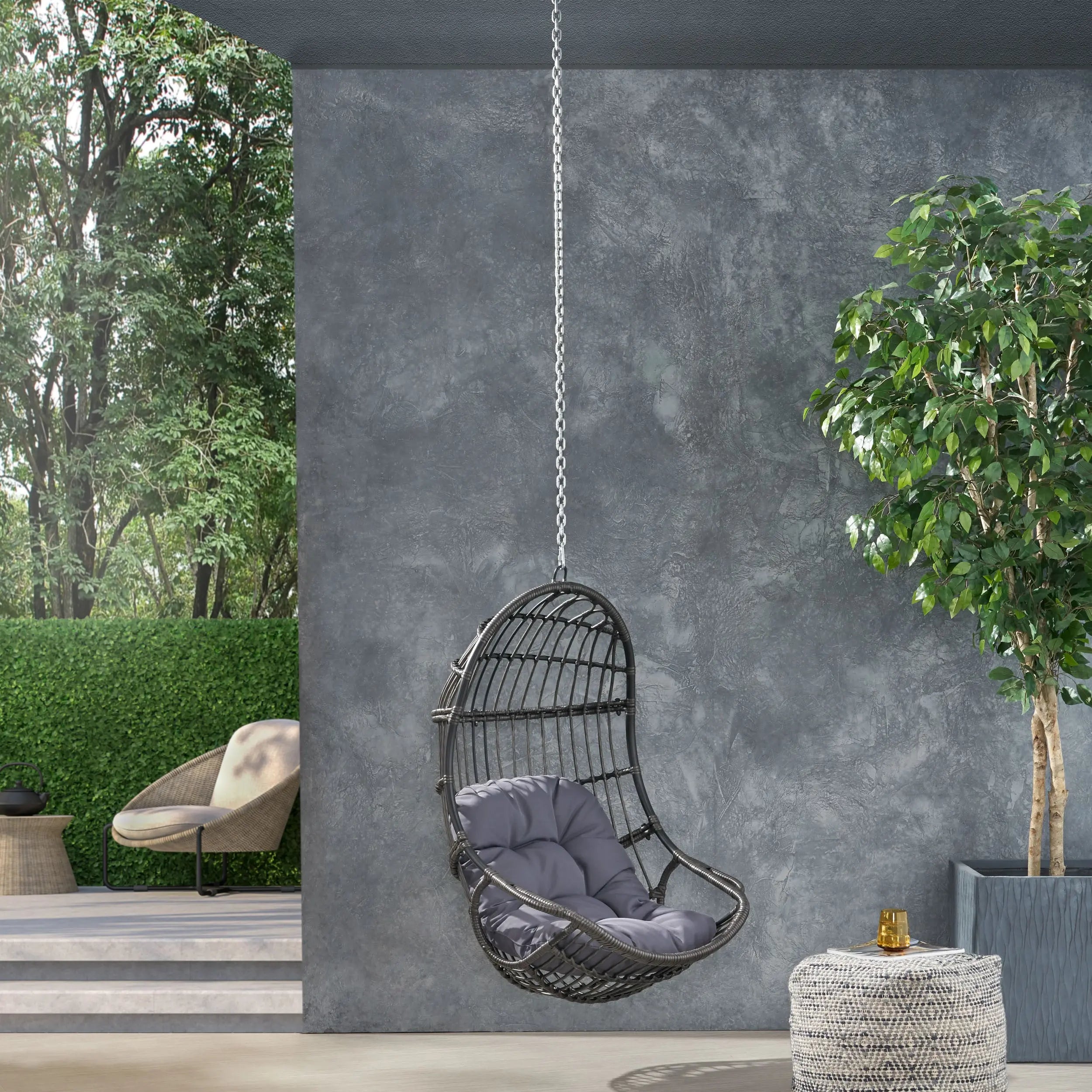 30" Gray Metal Outdoor Egg Chair with Gray Cushion Homeroots Outdoor